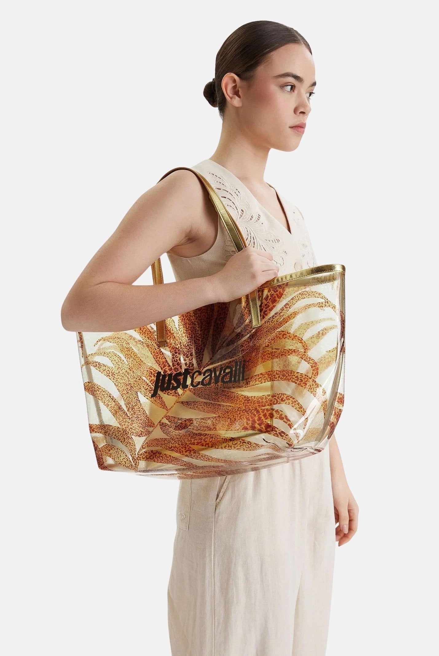 JUST CAVALLI Borsa mare oro da donna con stampa tropicale 80RA4BS2ZSE22 R79 JUST CAVALLI