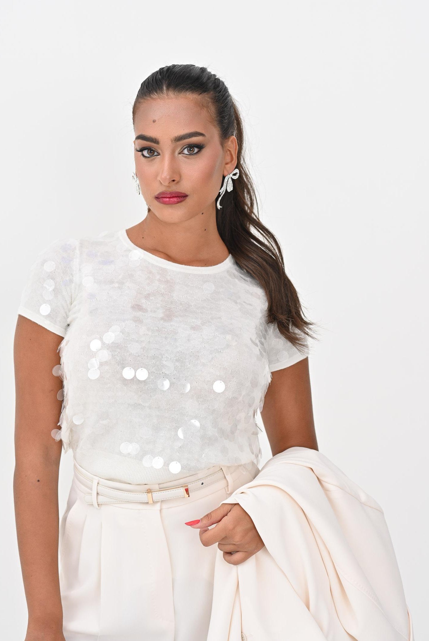 MAX MARA Maglia a manica corta Saio panna da donna con paillette 2526366091600 001 MAX MARA