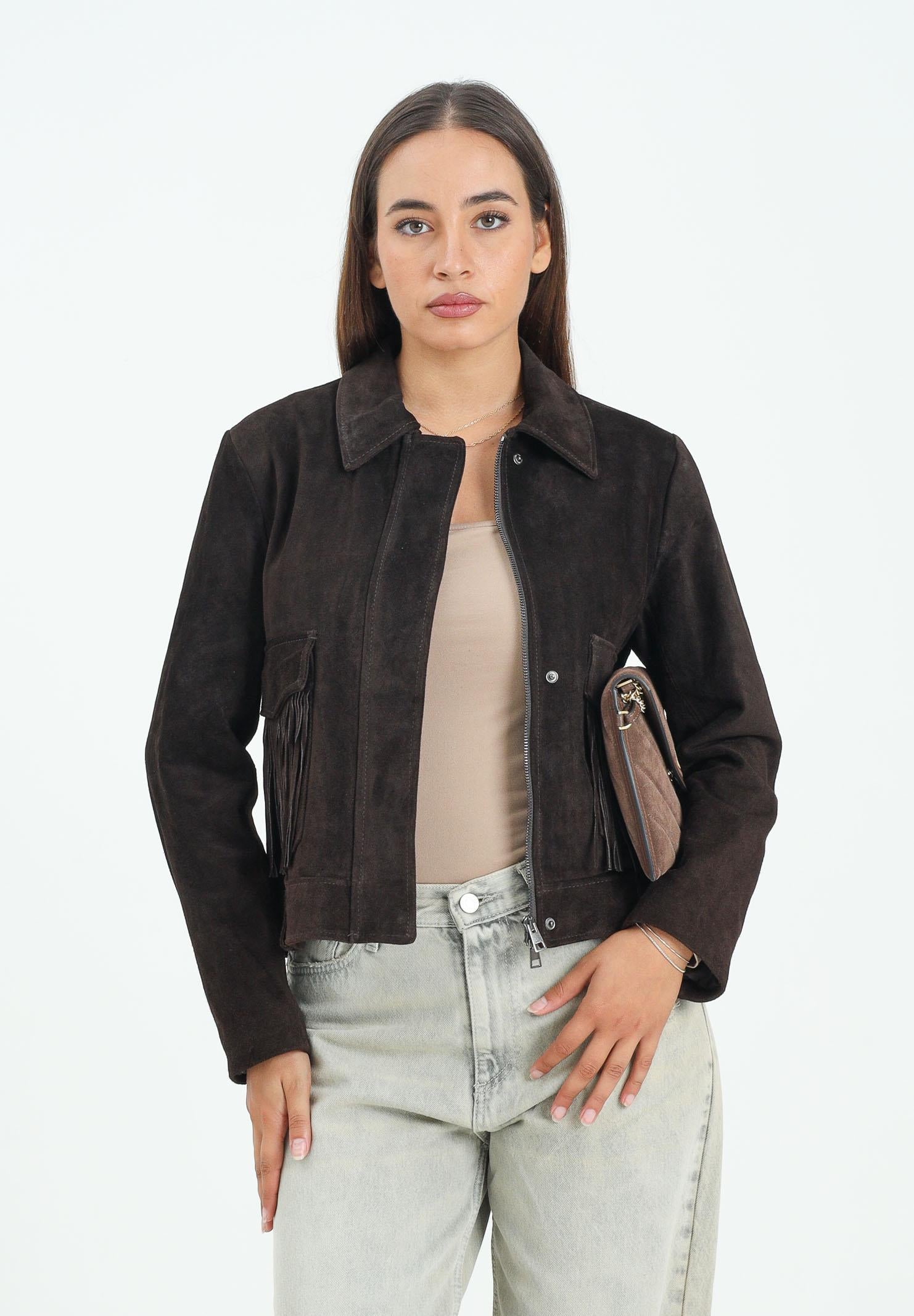 VICOLO Giubbotto in pelle scamosciata marrone da donna dal design in stile western TF0328 FU691 VICOLO