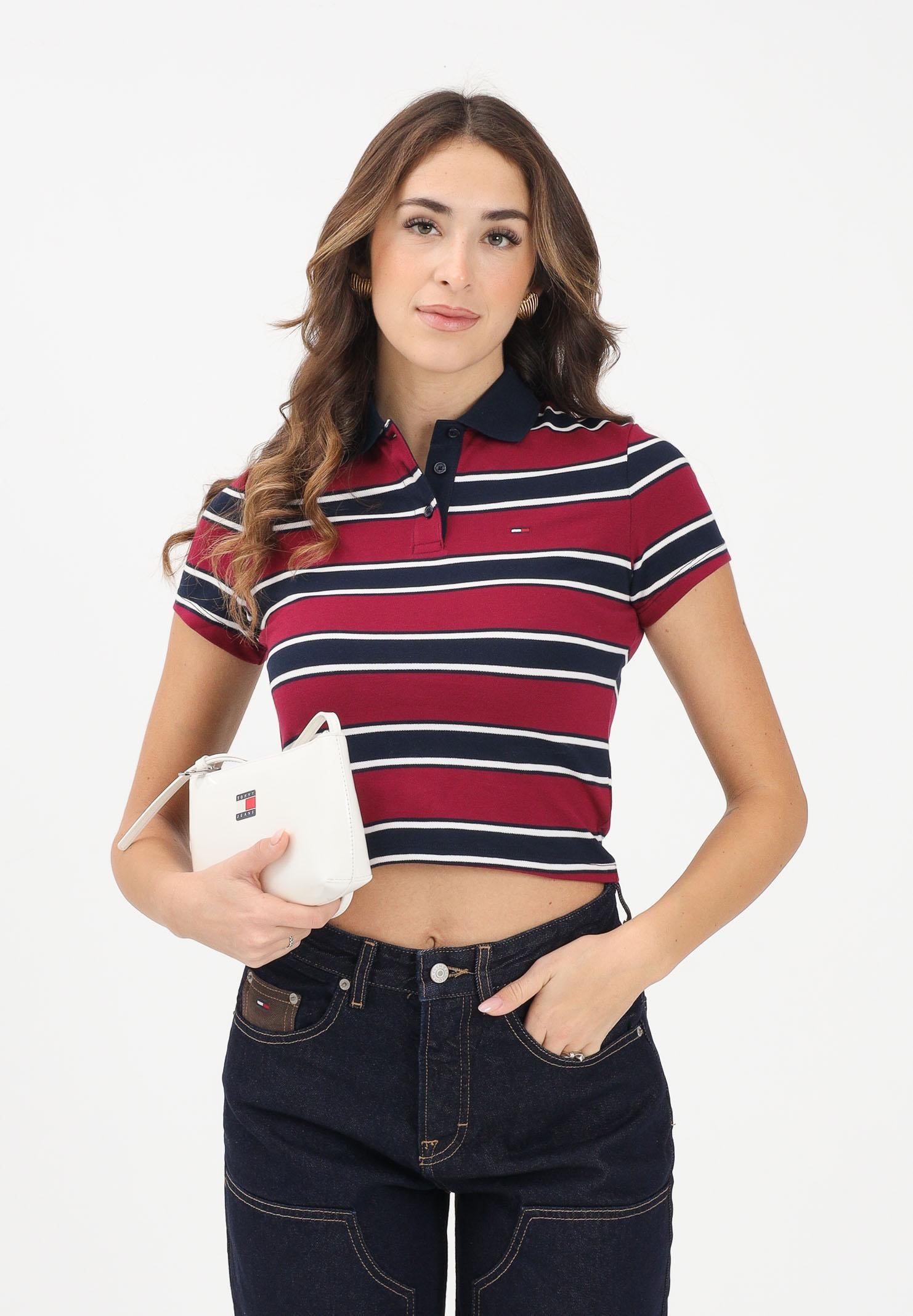 TOMMY JEANS Polo a manica corta bordeaux e blu da donna caratterizzata da una fantasia a righe orizzontali DW0DW21931 0E3 TOMMY JEANS