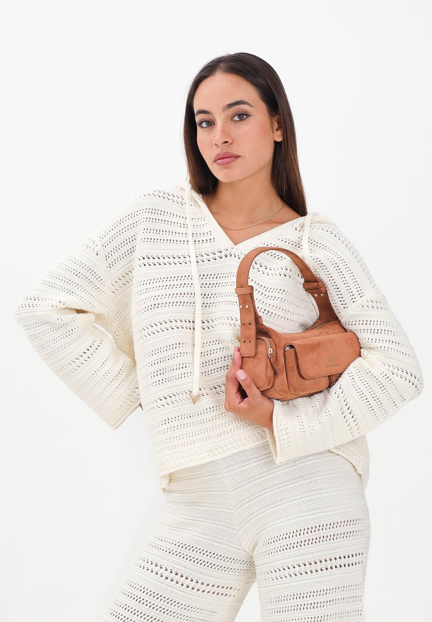 AKEP Maglia con cappuccio panna da donna dalla lavorazione traforata MGKD11065 V2 AKEP