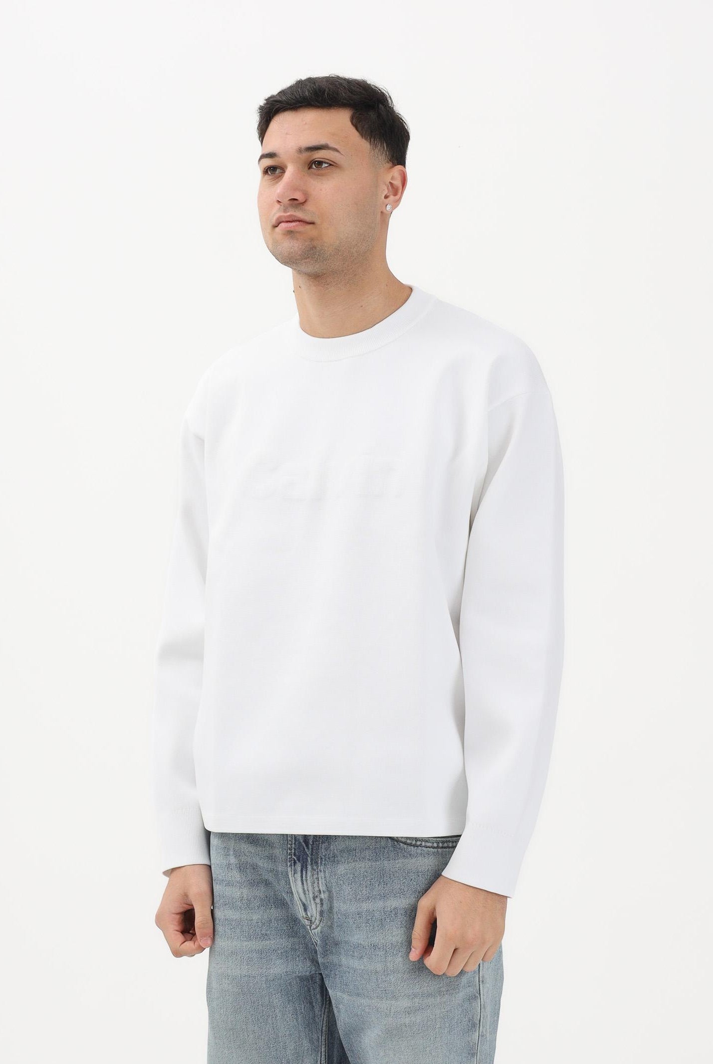 CALVIN KLEIN JEANS Maglioncino girocollo bianco da uomo con grafica con logo tono su tono LV04RE304GYAA . CALVIN KLEIN JEANS