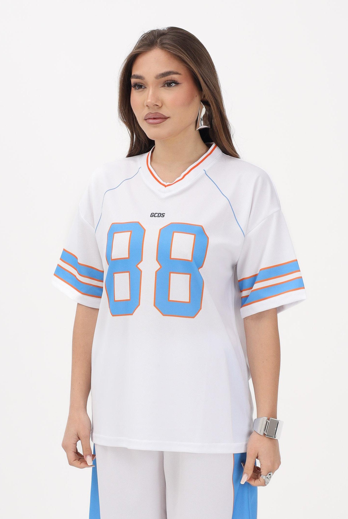 GCDS T-shirt a manica corta bianca per donna, ragazzi e bambini stile college C1BJQC709J338 100E GCDS