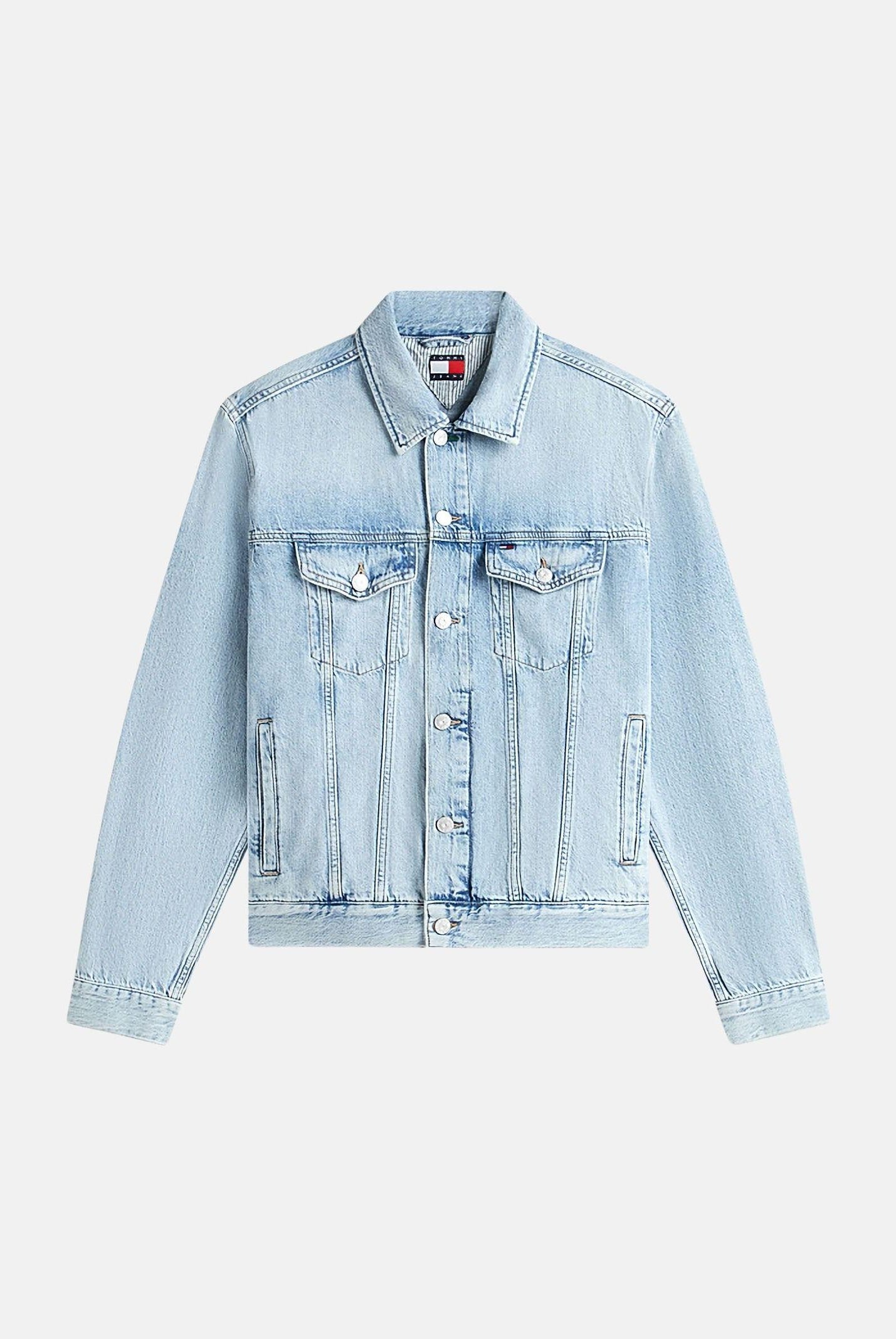 TOMMY JEANS Giubbotto Giacca trucker Ryan in denim vintage denim light blu, colore basico blu DM0DM23657 1AB TOMMY JEANS