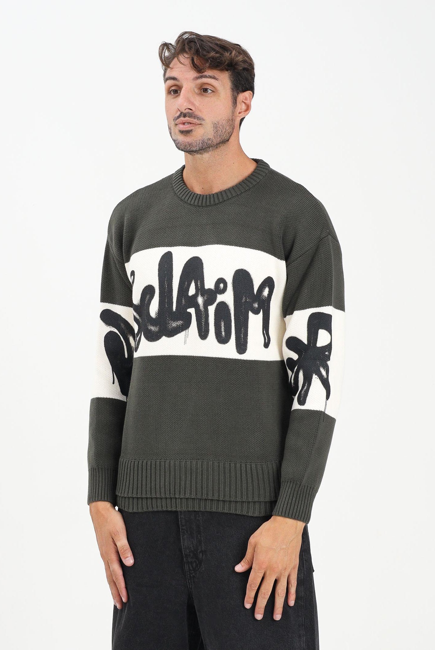 DISCLAIMER Maglioncino girocollo verde mimetico da uomo con logo 25IDS55201 VE DISCLAIMER