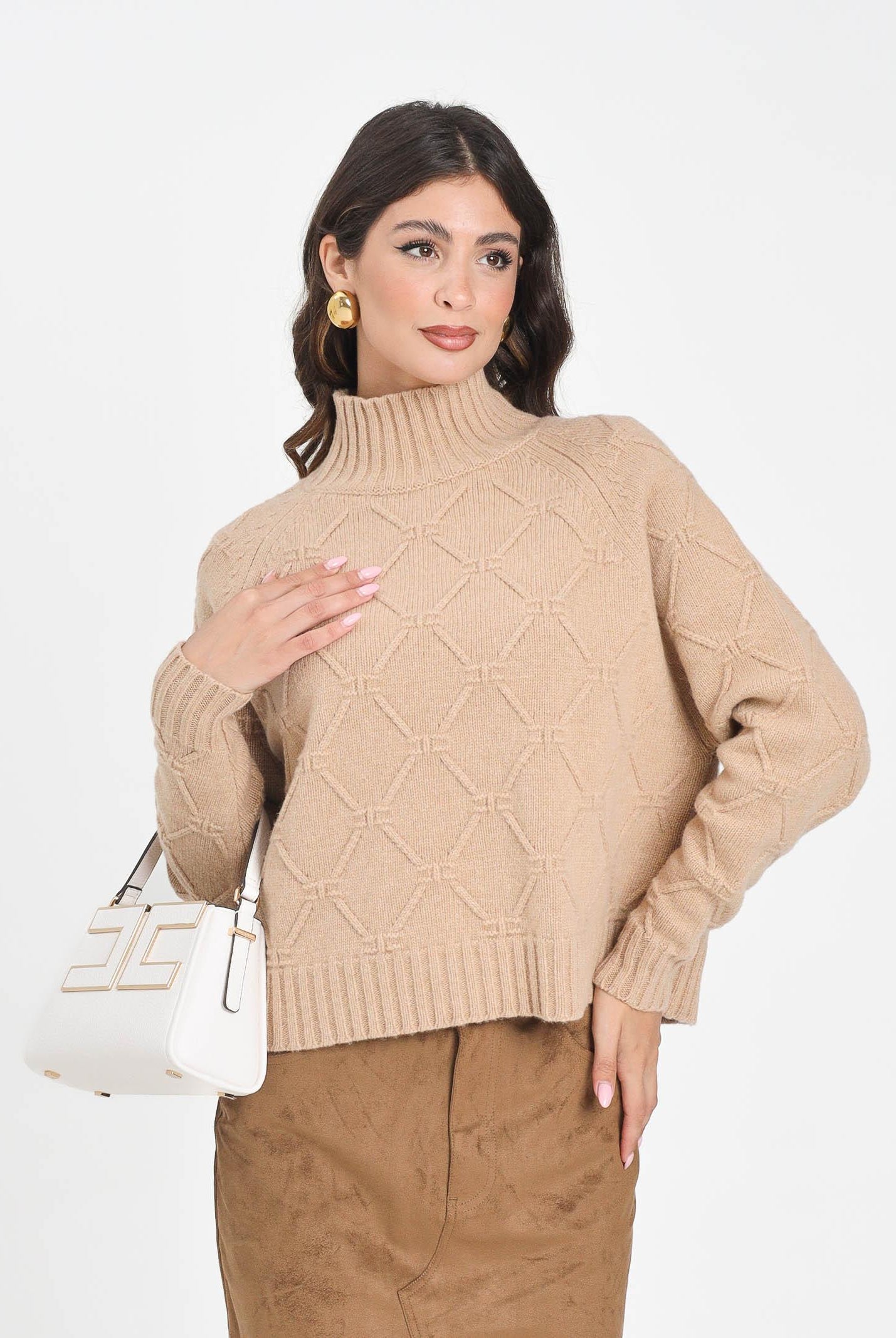 ELISABETTA FRANCHI Maglione a collo alto beige da donna con losanghe jacquard MK55T57E2 EA2 ELISABETTA FRANCHI