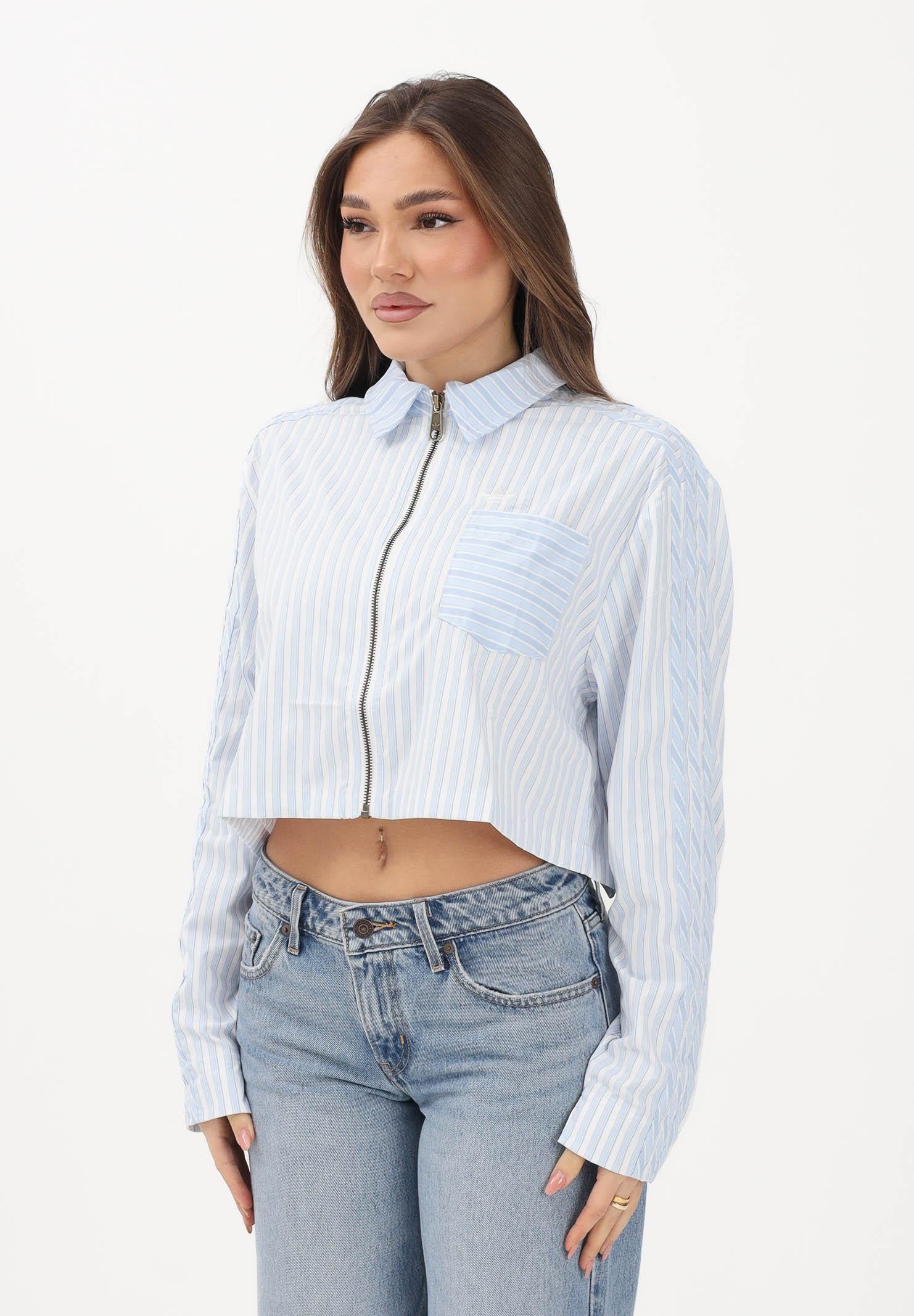 ADIDAS ORIGINALS Camicia a manica lunga Popeline bianca e azzurra da donna KC8870 . ADIDAS ORIGINALS