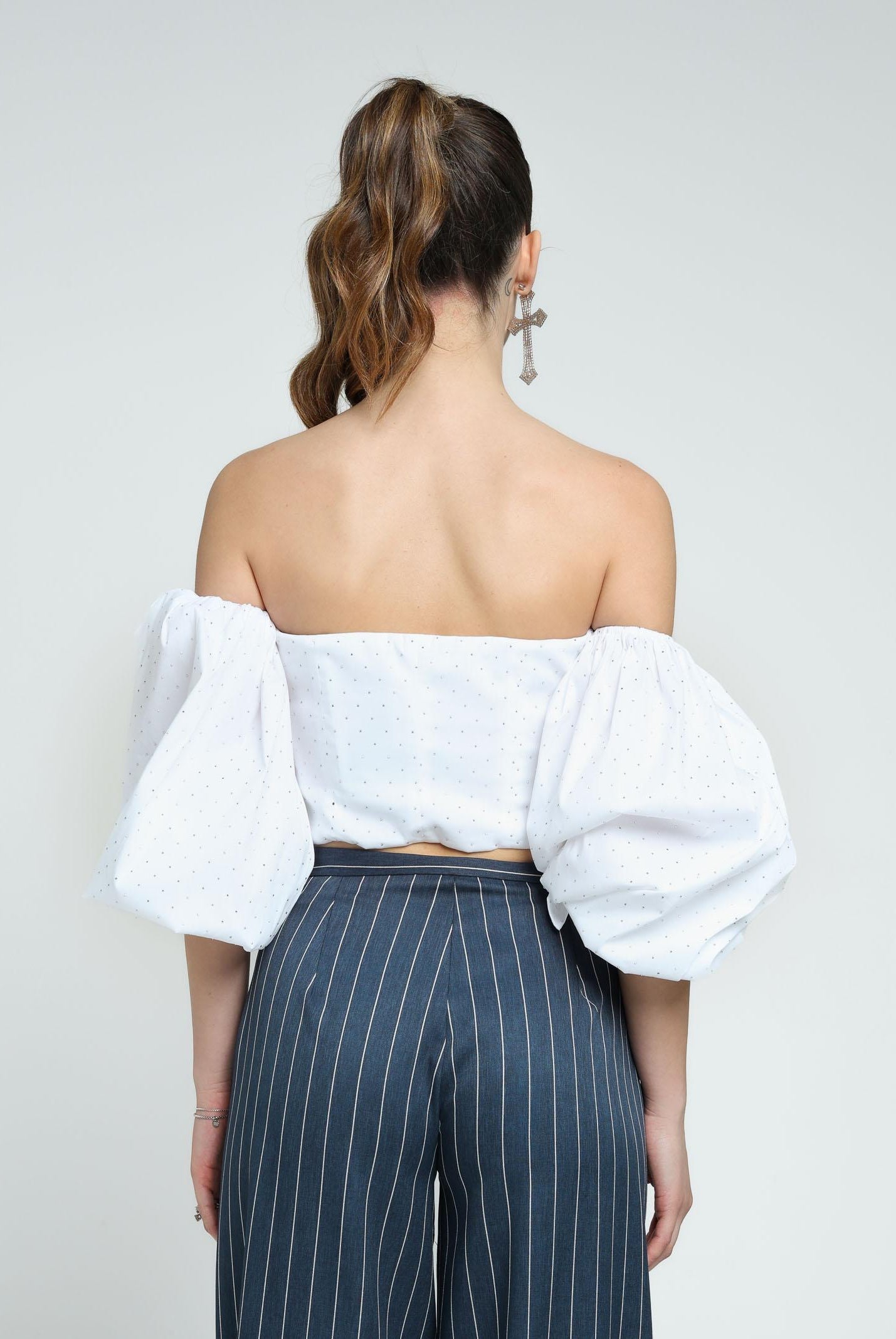 SANTAS Top elegante bianco da donna interamente ricoperto di strass PV2501 BIANCO SANTAS
