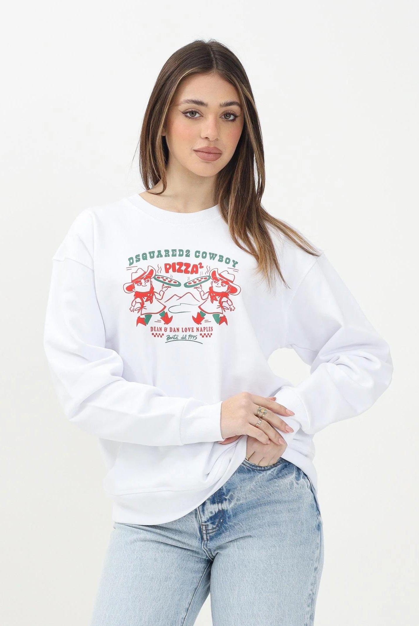 DSQUARED2 Felpa girocollo bianca per donna, ragazzi e bambini con grafica Cowboy Pizza DQ2977D0094 DQ100 DSQUARED2