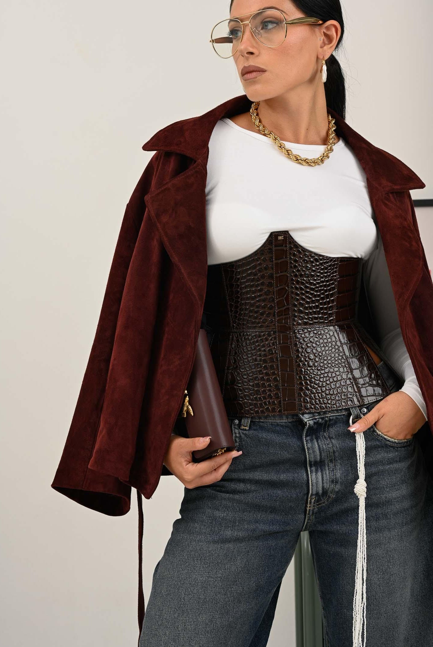 ELISABETTA FRANCHI Cintura bustier marrone da donna con stampa cocco CT83S58E2 EA3 ELISABETTA FRANCHI