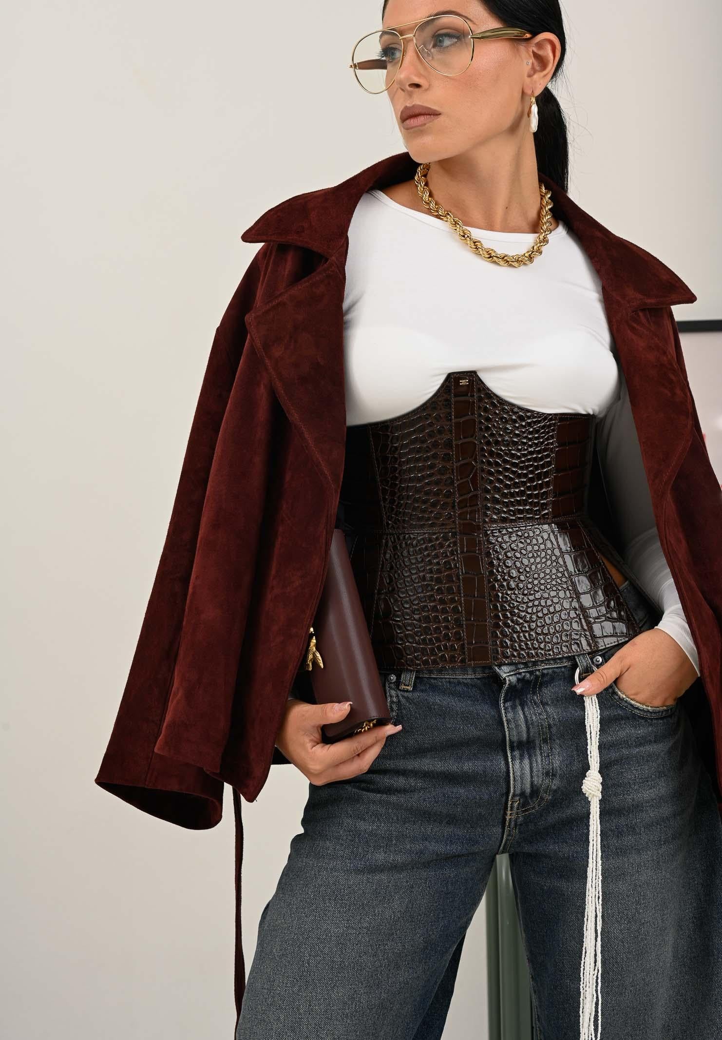 ELISABETTA FRANCHI Cintura bustier marrone da donna con stampa cocco CT83S58E2 EA3 ELISABETTA FRANCHI