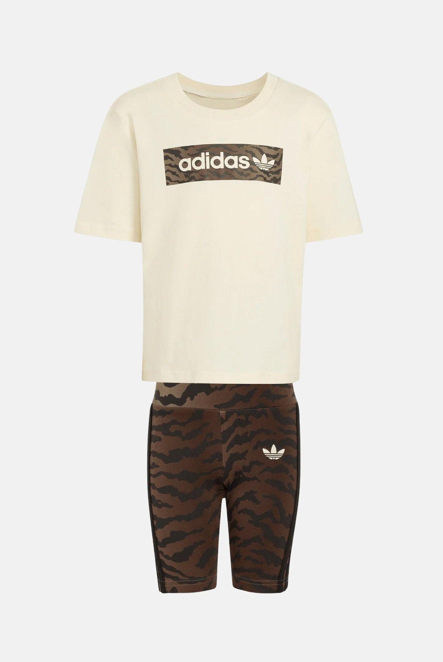 ADIDAS ORIGINALS Completino AOP panna e marrone da bambina con fantasia tigre KD5822 . ADIDAS ORIGINALS