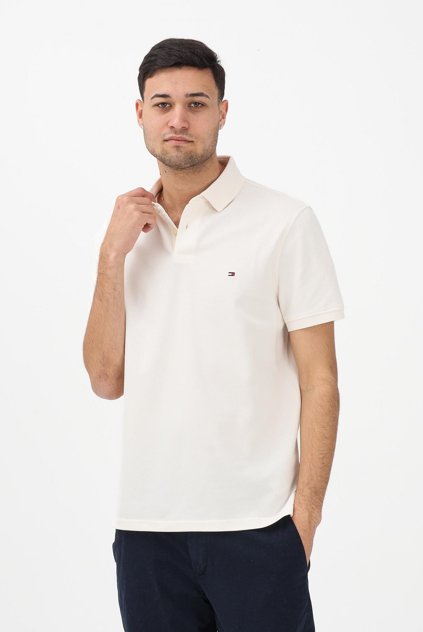 TOMMY HILFIGER Polo a manica corta panna da uomo con logo MW0MW17770 Z00 TOMMY HILFIGER