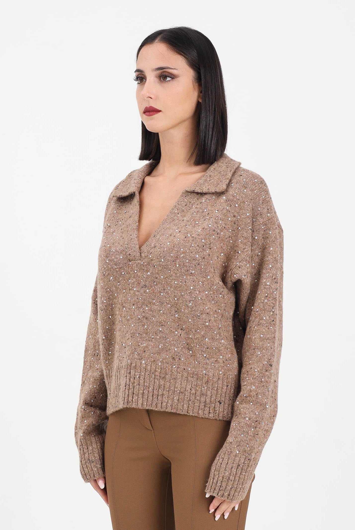 PINKO Maglioncino con scollo a V beige da donna realizzato in morbido tessuto con strass 105684A2U4 C3Z PINKO