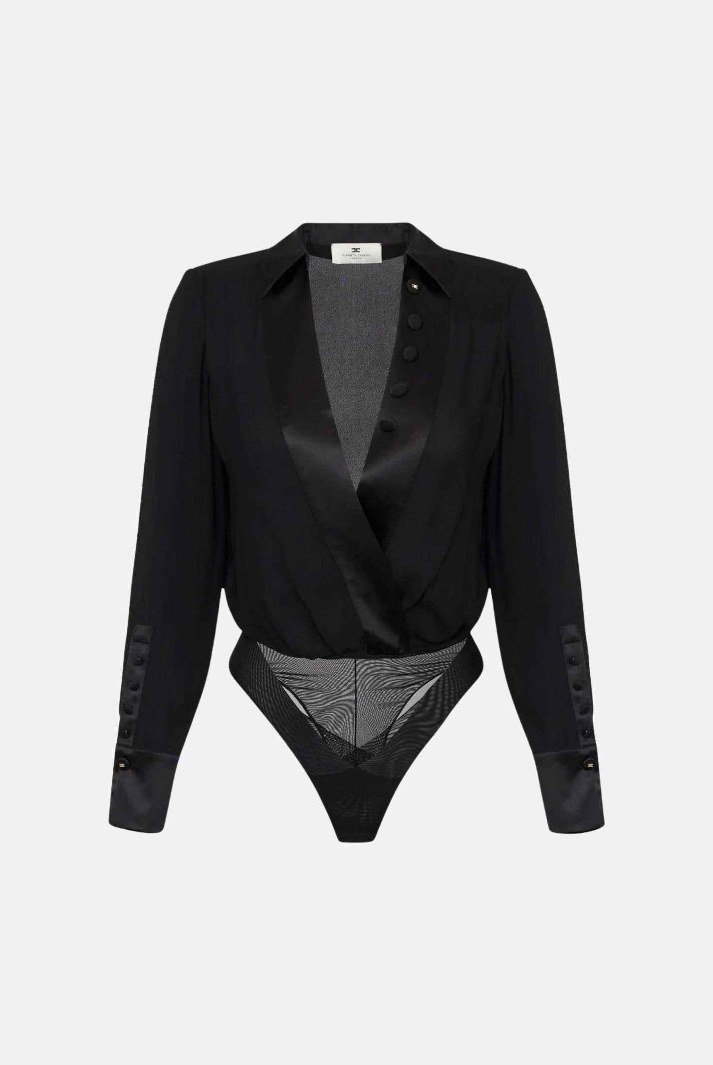 ELISABETTA FRANCHI Body a manica lunga nero da donna in georgette di viscosa e raso CB00356E2 110 ELISABETTA FRANCHI