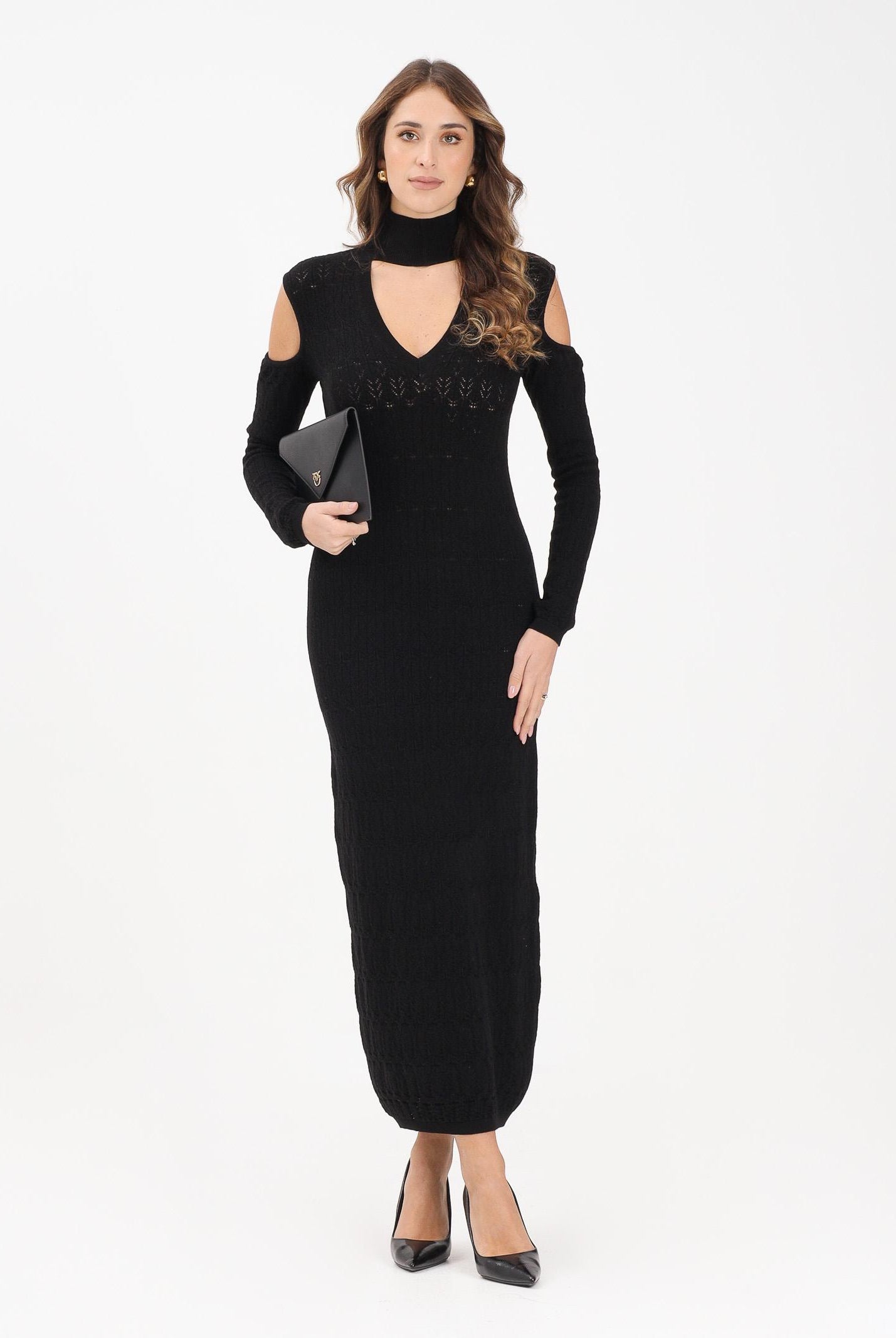 AKEP Abito lungo nero da donna in maglia punto pizzo VSKD11025 V1 AKEP