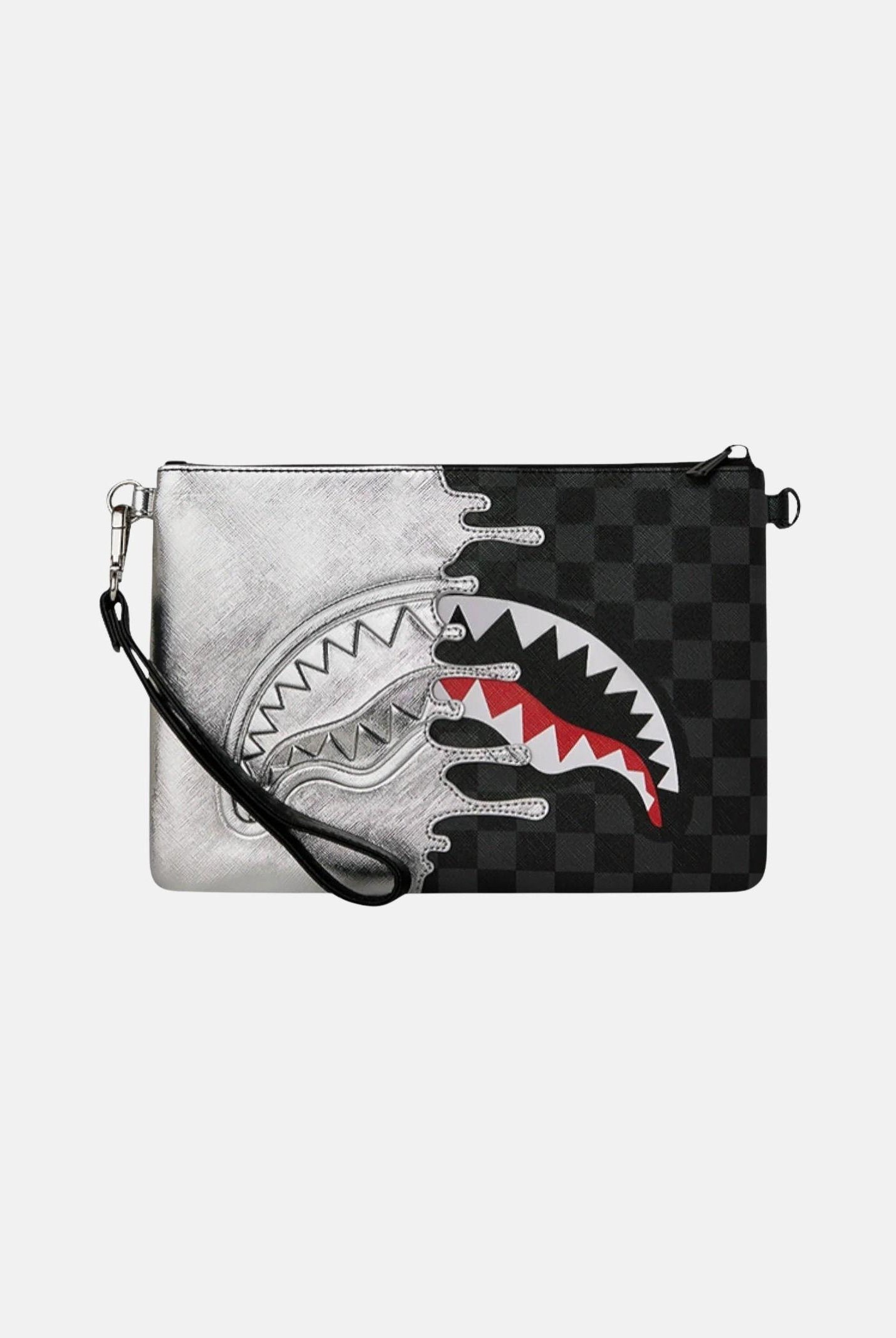 SPRAYGROUND Pochette Silver Side Drip Black Check Shark argento e nera per uomo e donna 910B8929NSZ . SPRAYGROUND