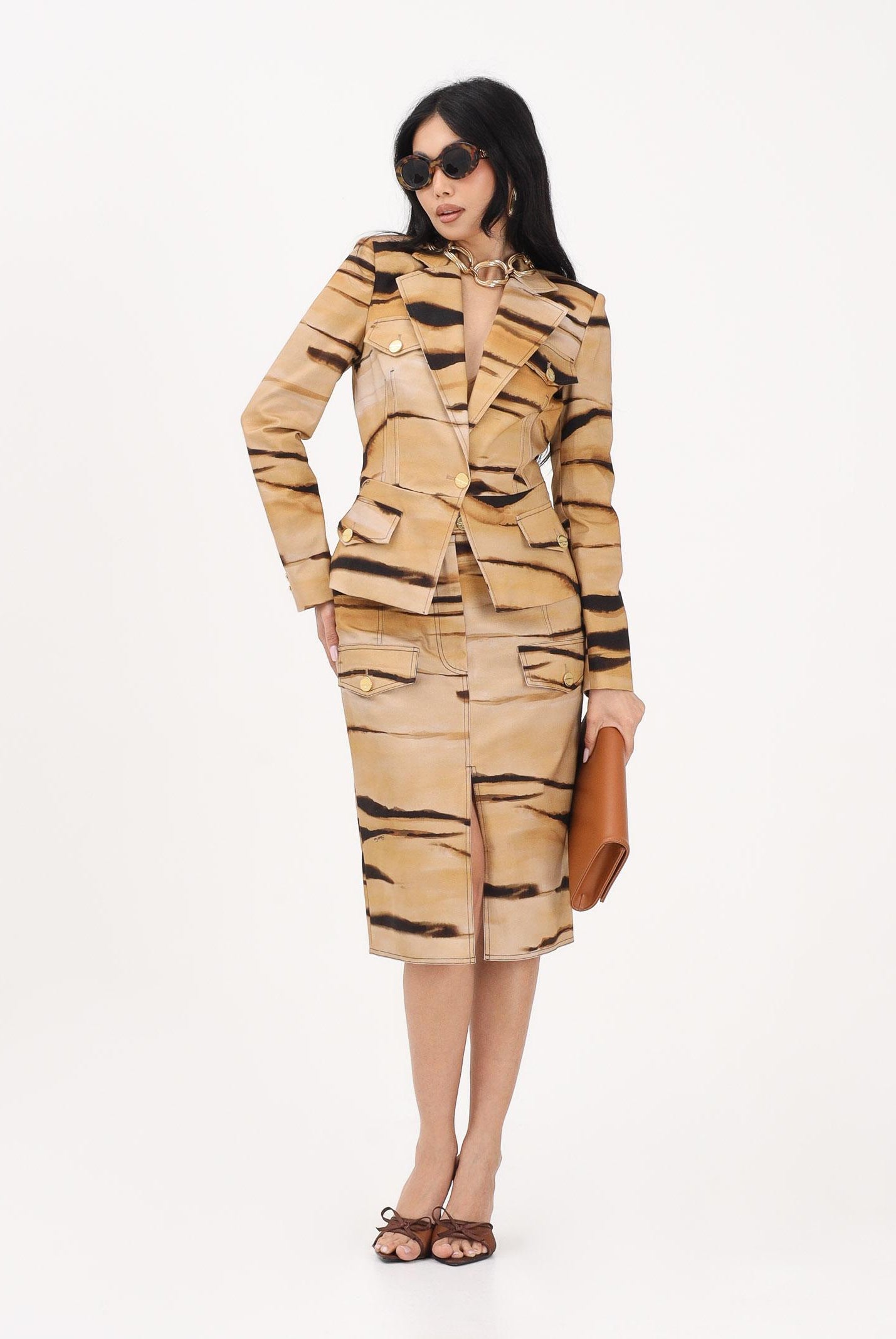 ELISABETTA FRANCHI Giacca monopetto beige da donna con stampa tigre<BR/> GI23762E2 470 ELISABETTA FRANCHI