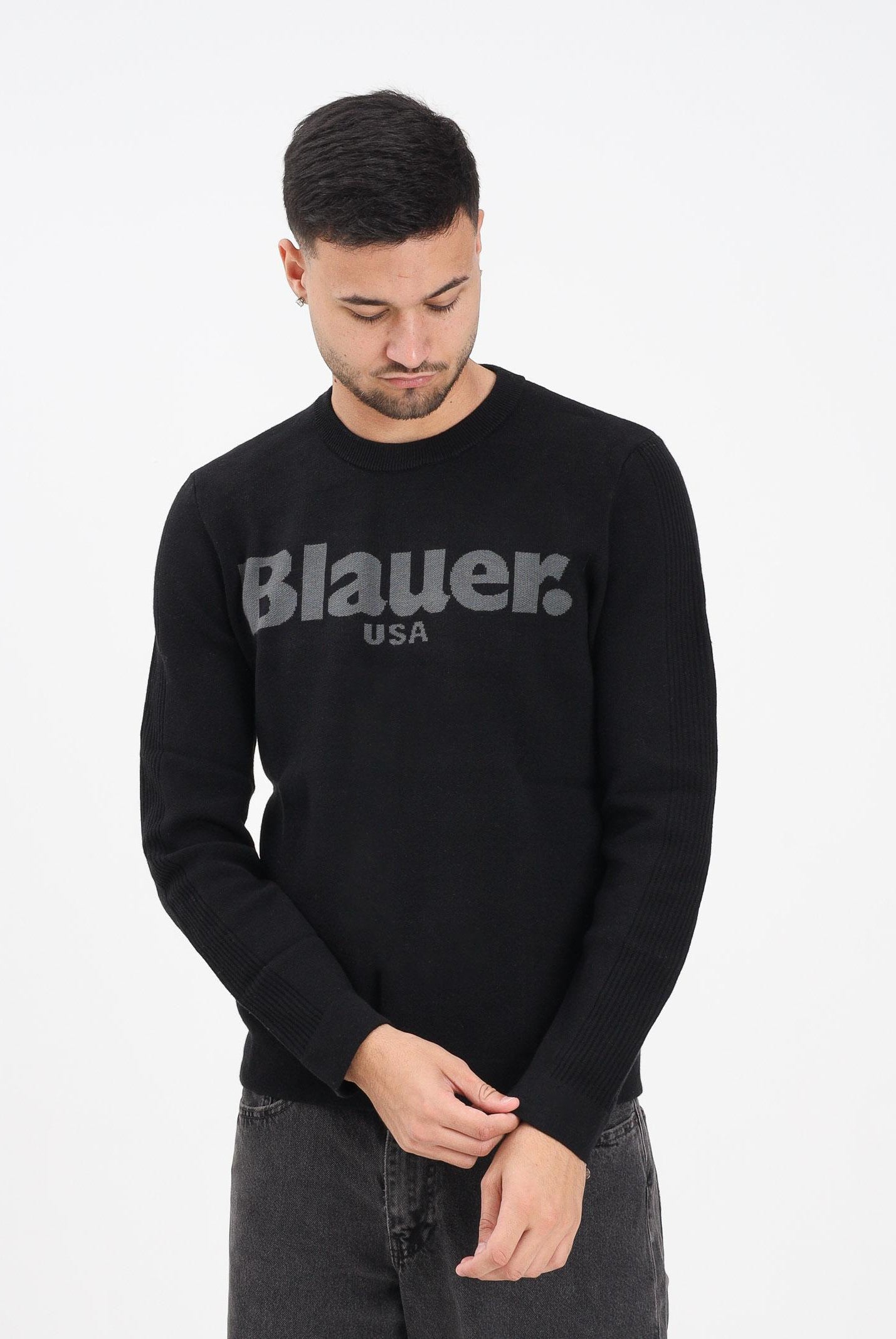 BLAUER Maglioncino girocollo ALLEYNE nero da uomo con logo 25WBLUM01263-006645 999 BLAUER