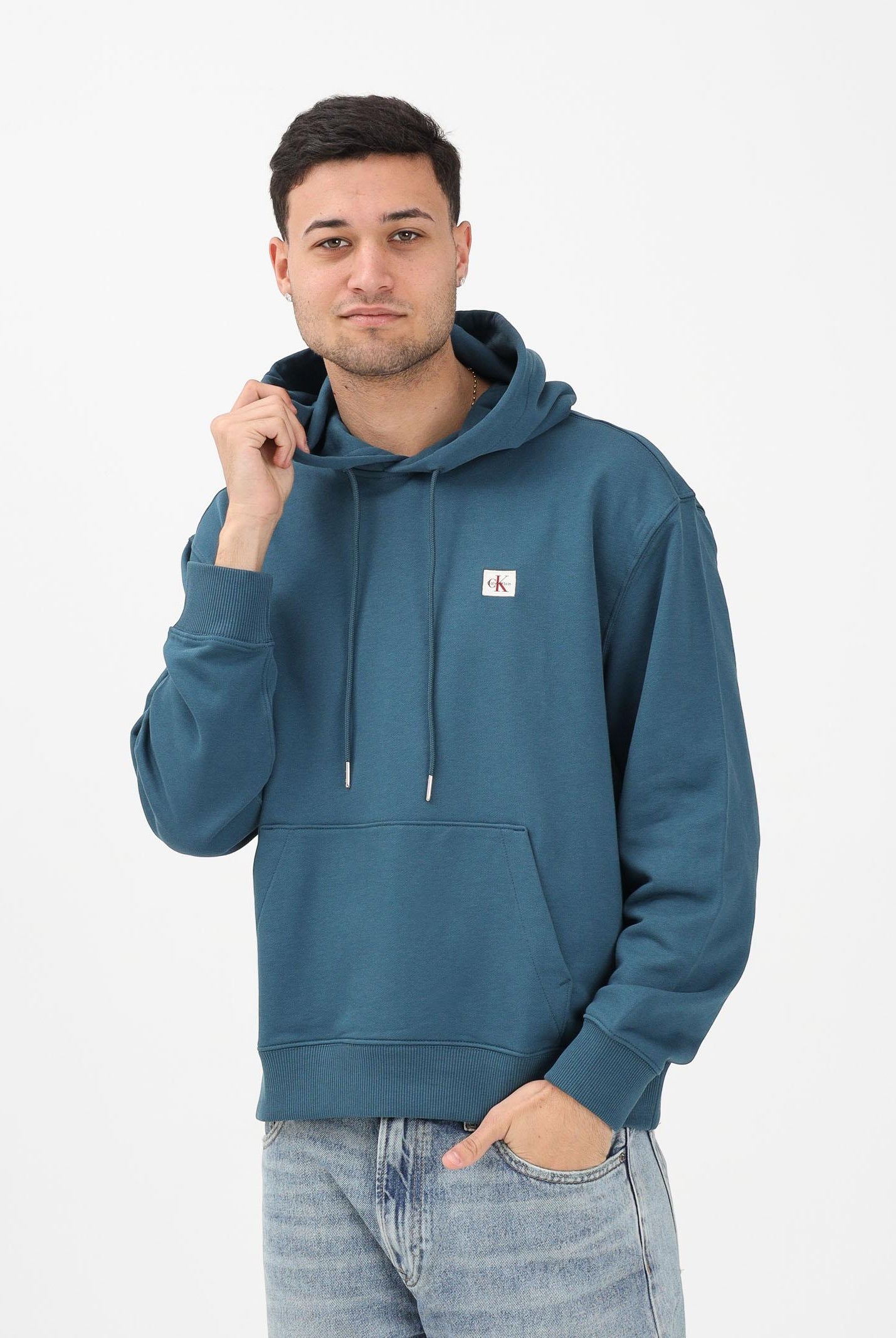 CALVIN KLEIN JEANS Felpa con cappuccio ottanio da uomo con logo LV04RC274G2ET . CALVIN KLEIN JEANS