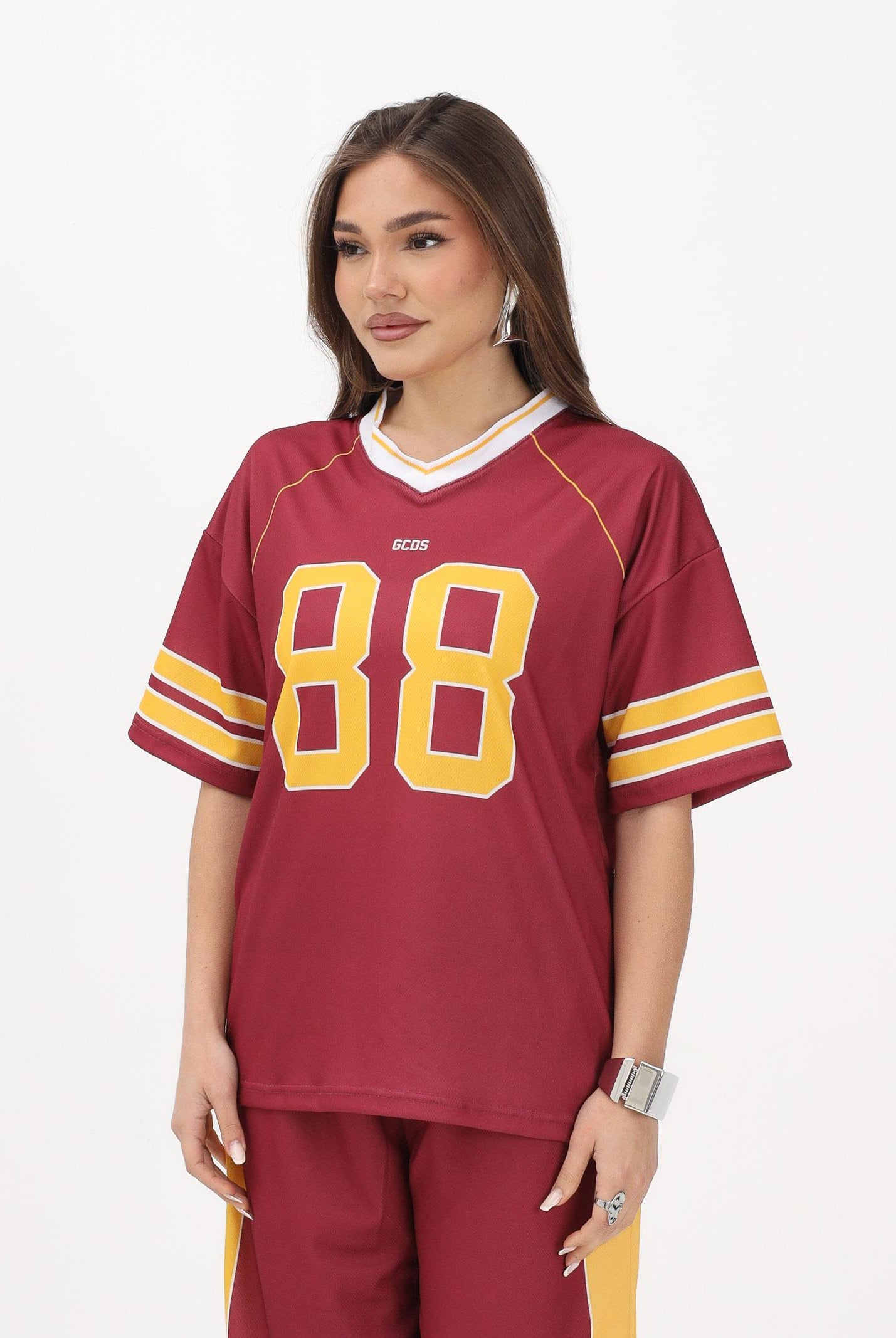 GCDS T-shirt a manica corta bordeaux per donna, ragazzi e bambini stile college C1BJQC709J338 468Y GCDS