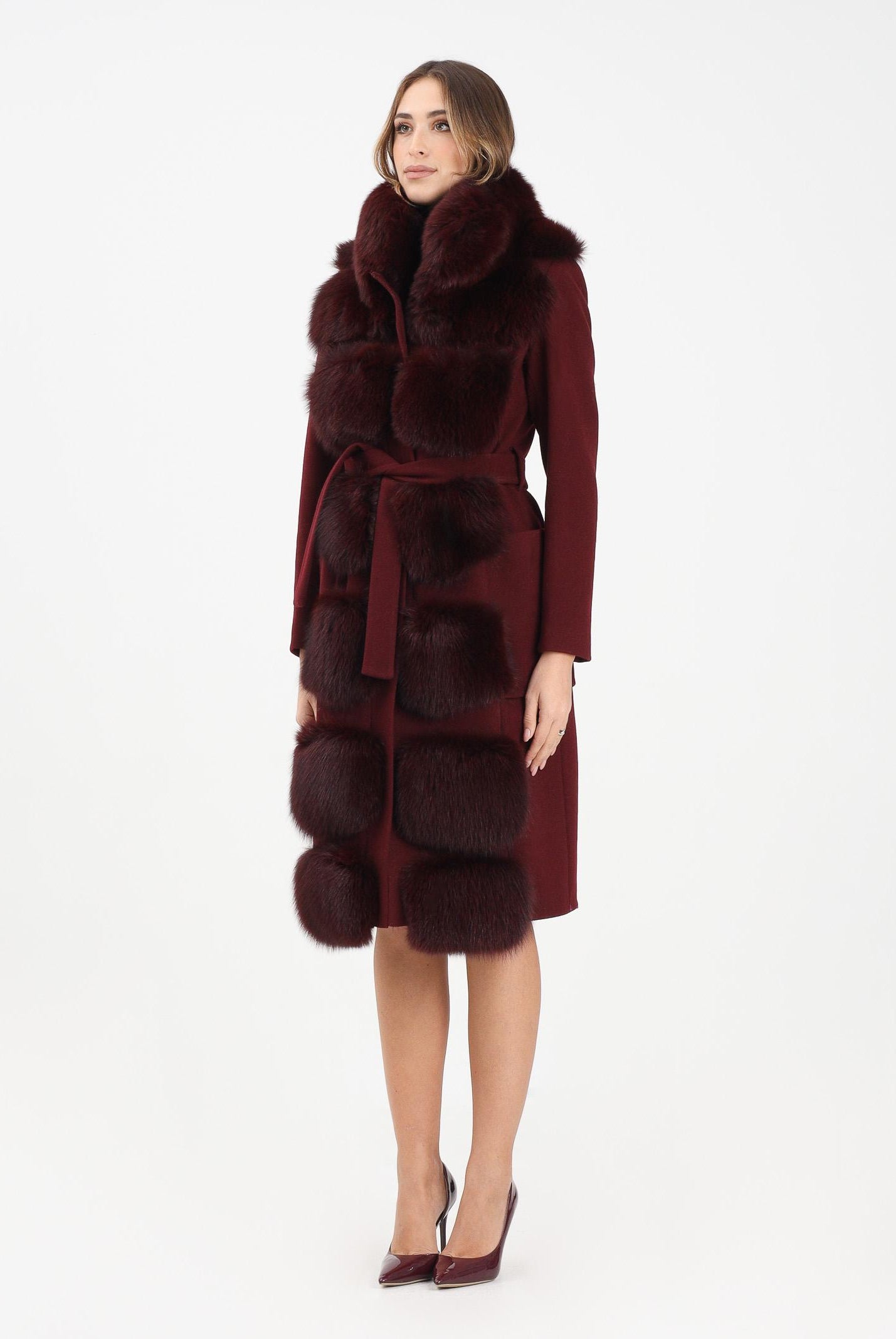 YES LONDON Cappotto bordeaux da donna con dettagli in vera pelliccia di volpe CD1207 BDX YES LONDON