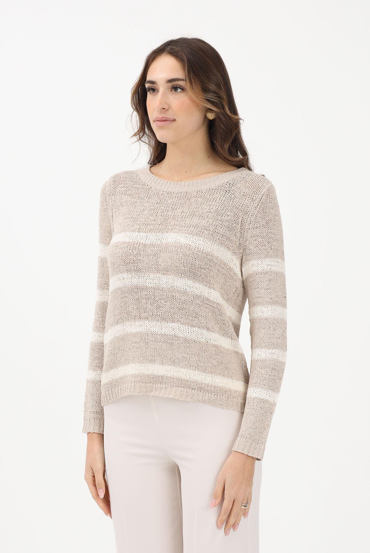 ONLY Maglioncino girocollo beige da donna con motivo a righe panna 15113356 SITA ONLY