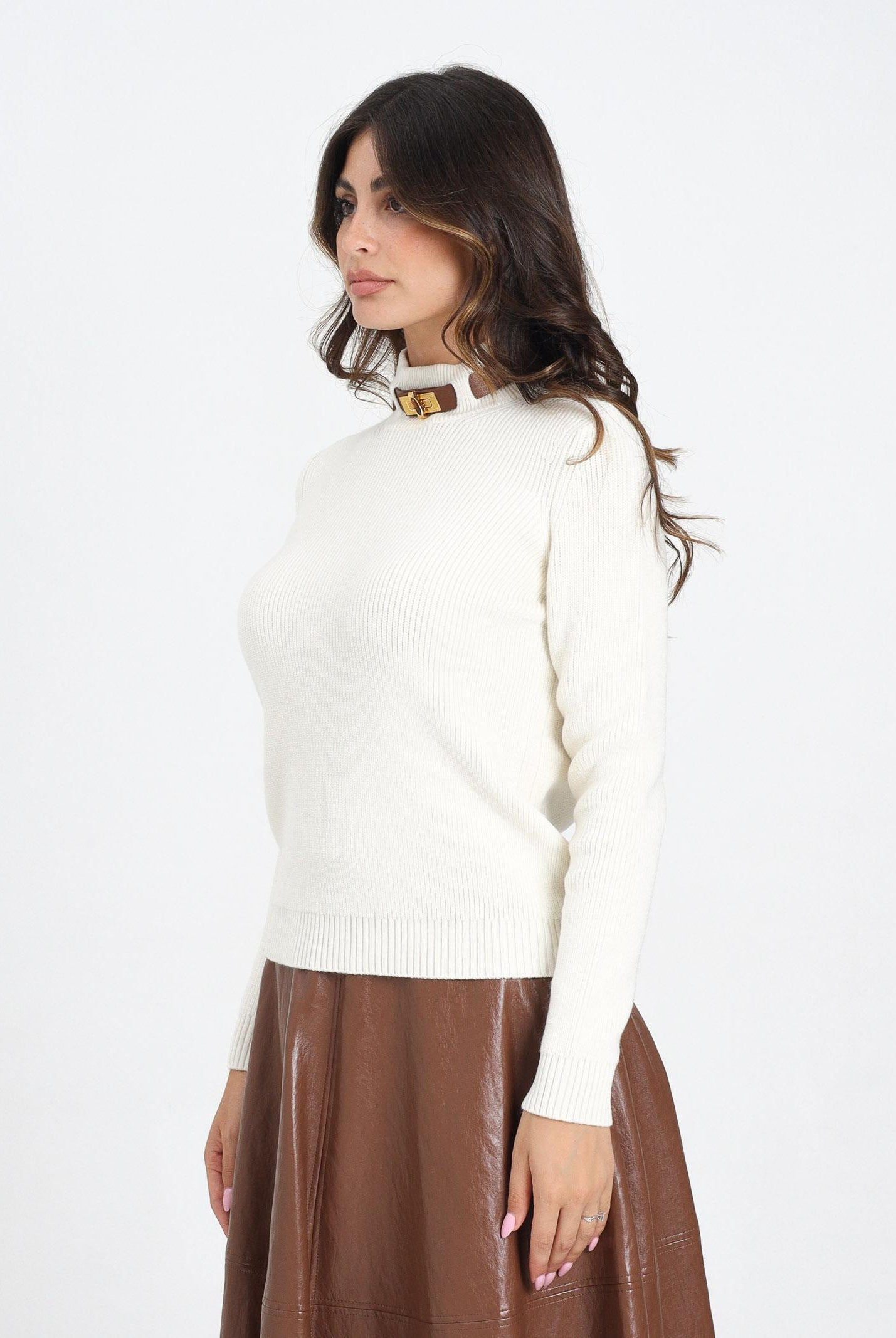 ELISABETTA FRANCHI Maglioncino a collo alto color latte da donna con cinturino gioiello MK05S56E2 DZ9 ELISABETTA FRANCHI