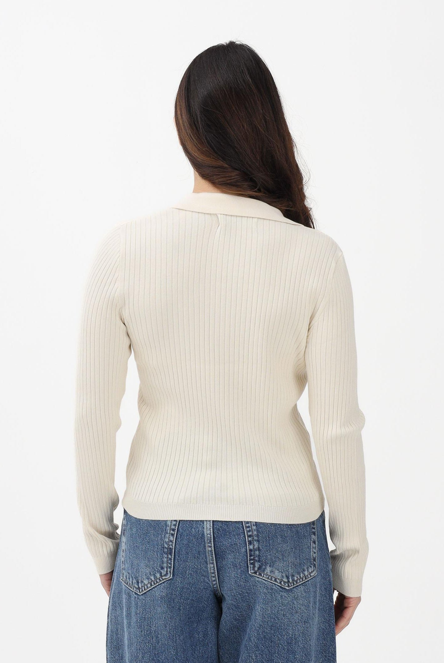 ONLY Maglioncino in tessuto a coste panna da donna stile polo 15344841 BI ONLY