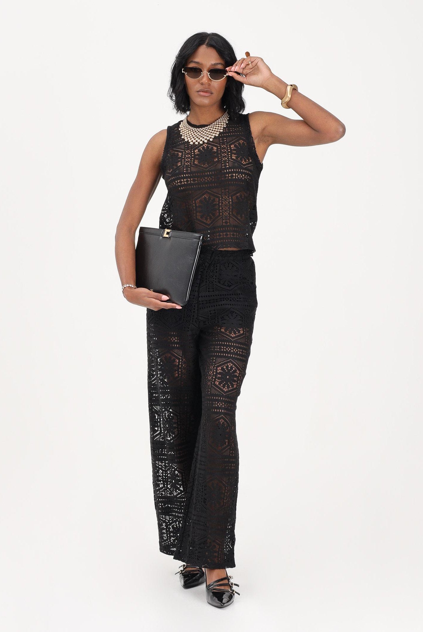 ONLY Pantalone nero da donna realizzato in raffinato tessuto pizzo lavorato 15372107 BL ONLY