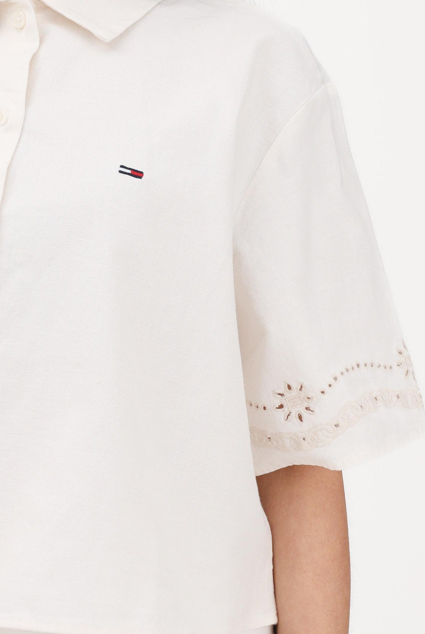 TOMMY JEANS Camicia a manica corta panna da donna con ricamo logo DW0DW22214 YBH TOMMY JEANS