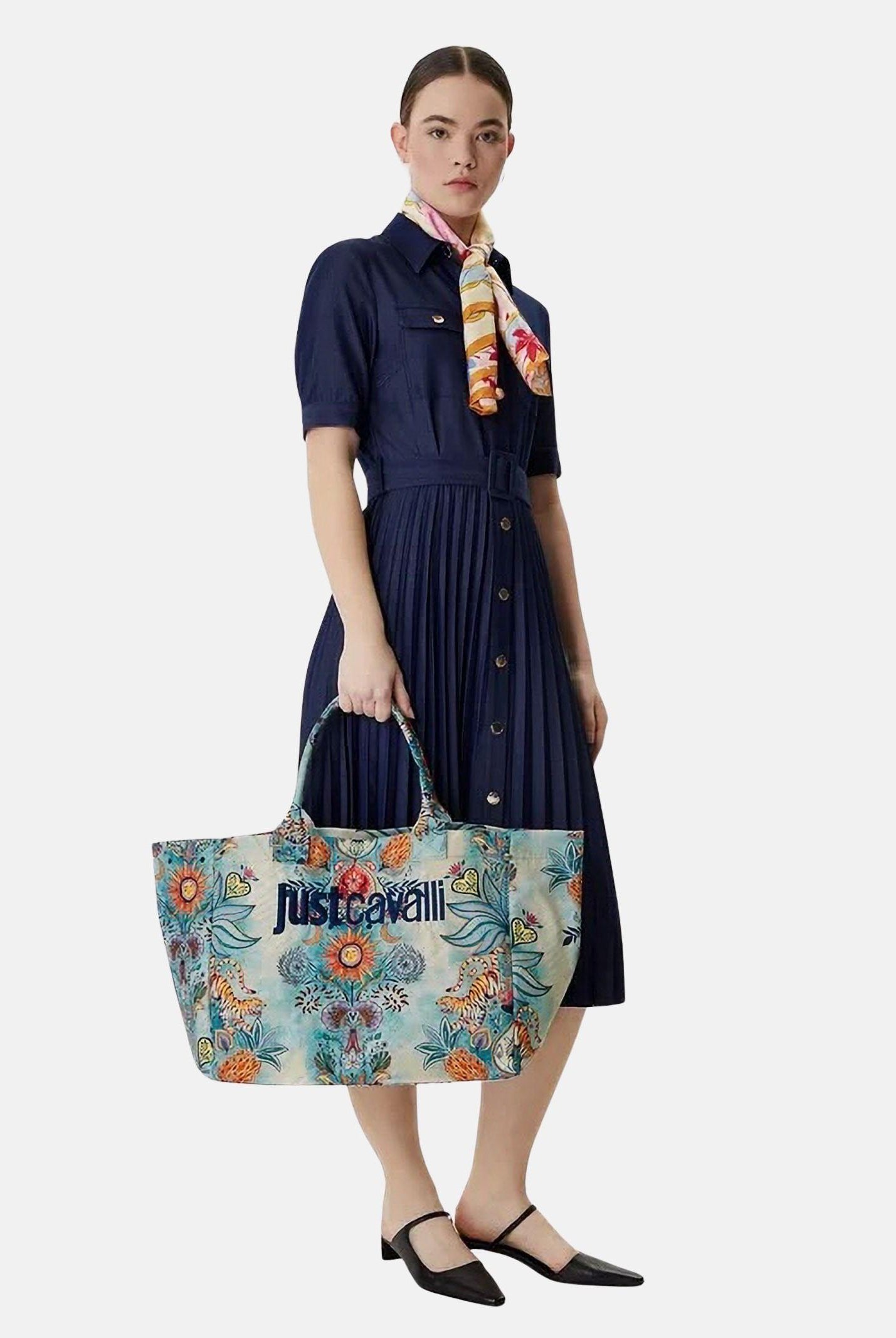 JUST CAVALLI Borsa mare panna e azzurra da donna con stampa artistica all-over 80RA4BS1ZG426 R86 JUST CAVALLI
