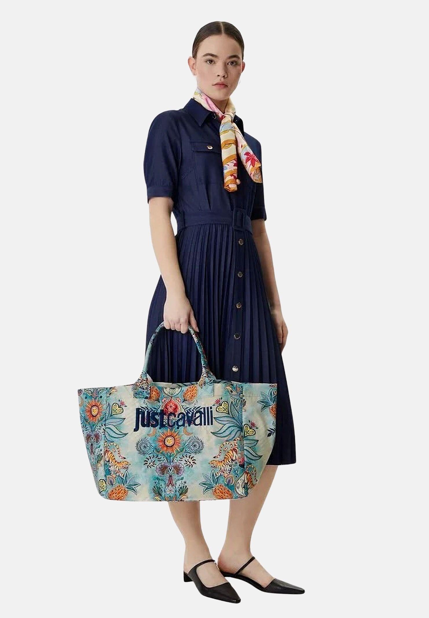 JUST CAVALLI Borsa mare panna e azzurra da donna con stampa artistica all-over 80RA4BS1ZG426 R86 JUST CAVALLI