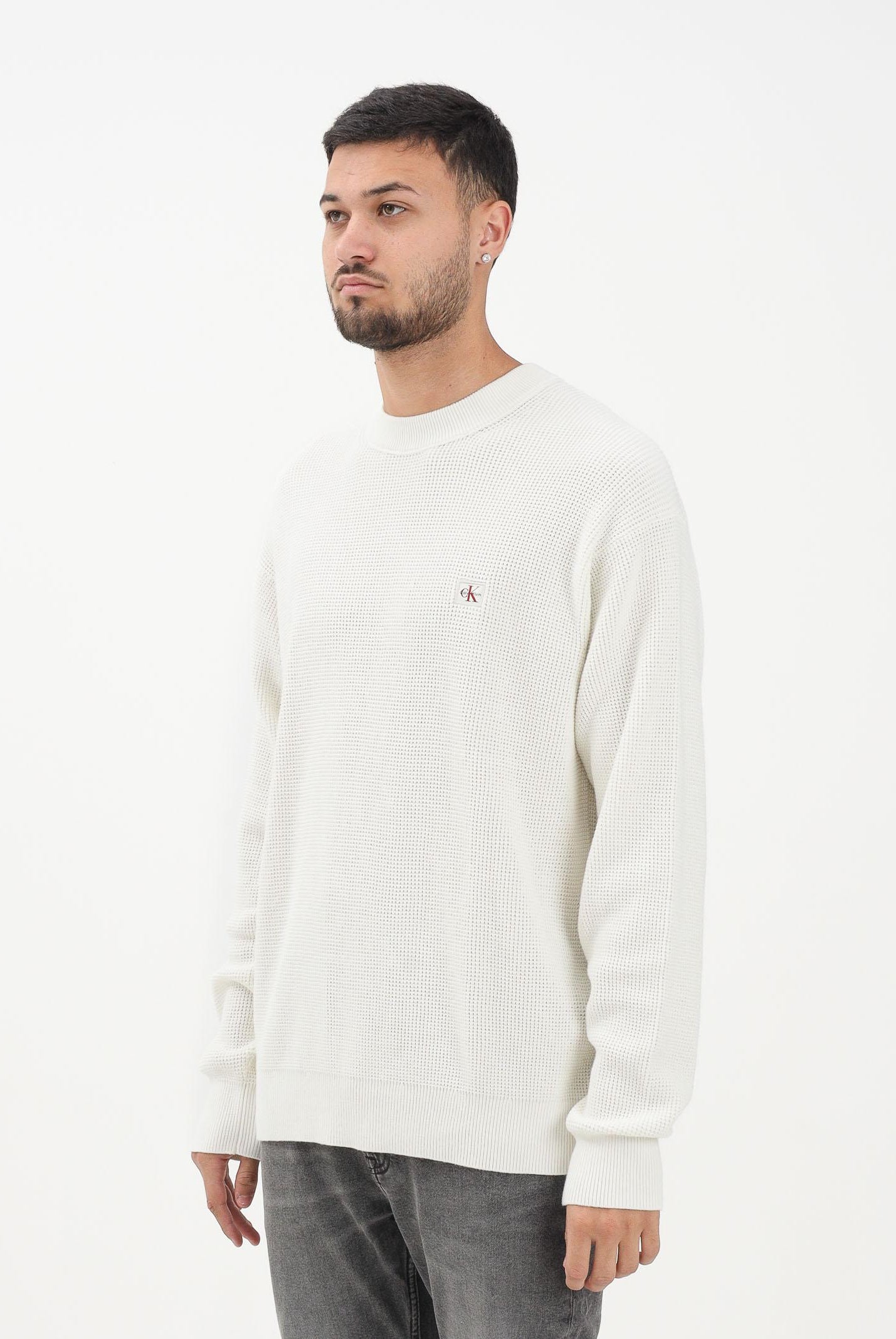 CALVIN KLEIN JEANS Maglioncino girocollo panna da uomo con patch logo LV04RD313GYAS  CALVIN KLEIN JEANS