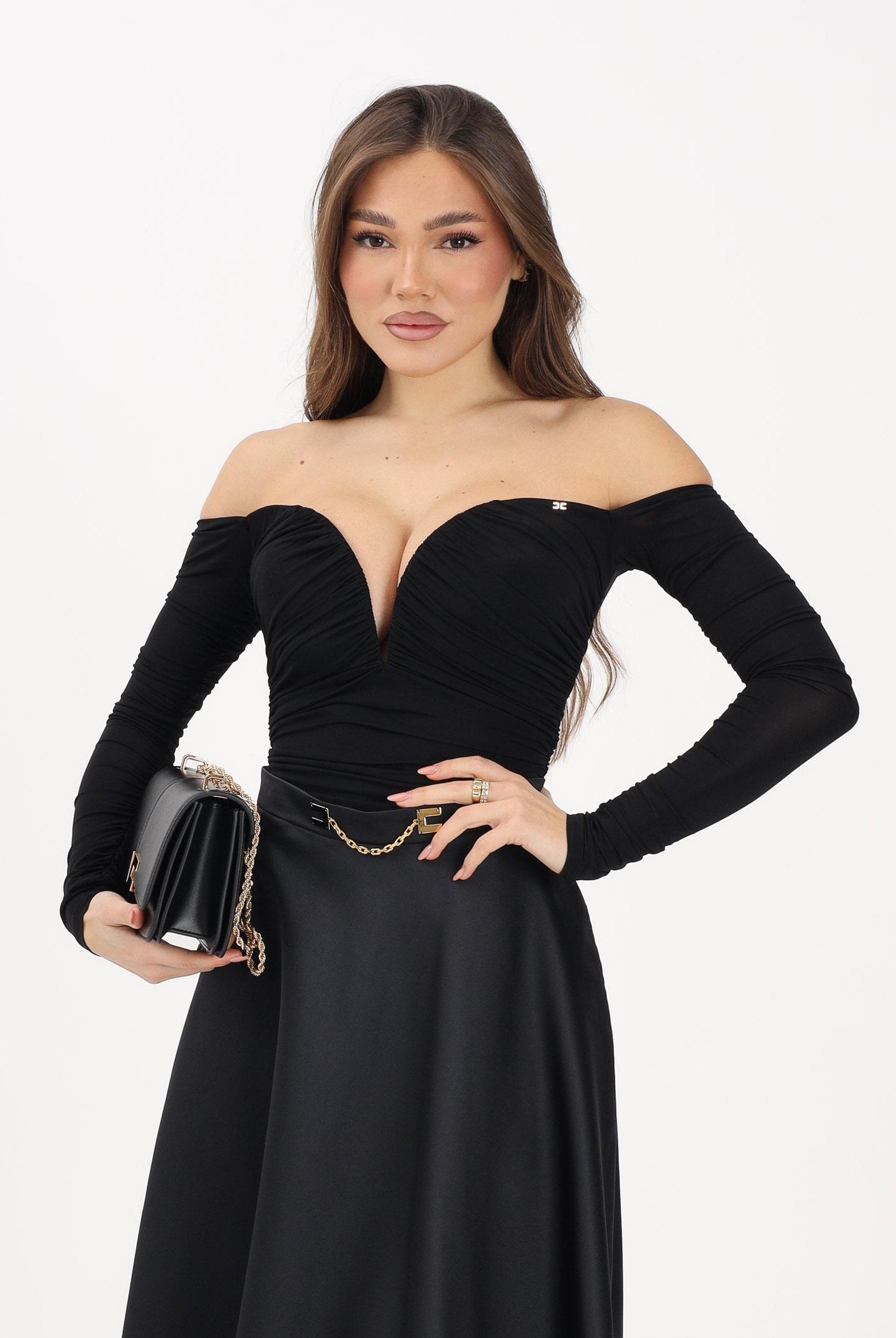 ELISABETTA FRANCHI Body nero da donna con drappeggi<BR/> BO01561E2 110 ELISABETTA FRANCHI