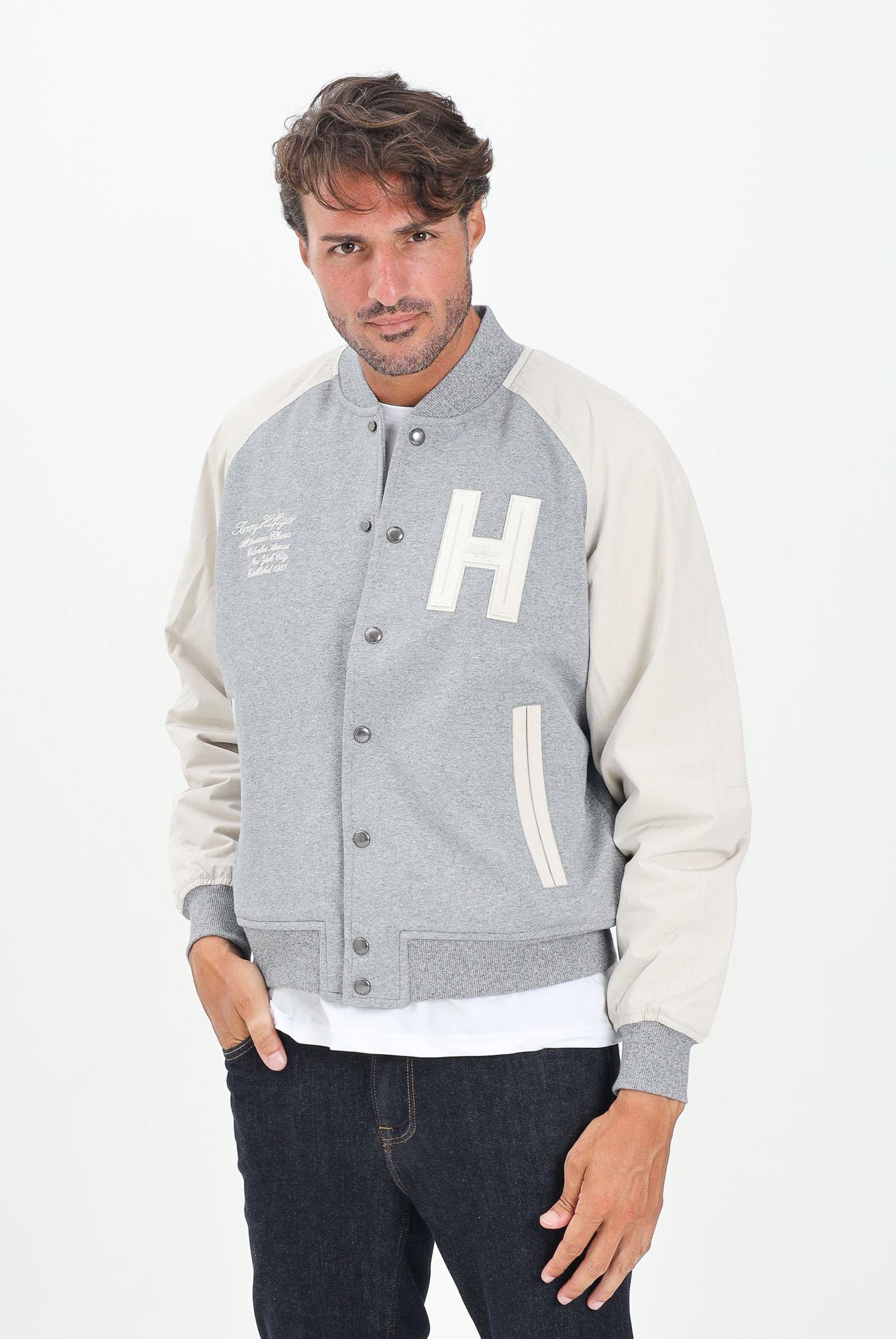 TOMMY HILFIGER Bomber Athleisure grigio e panna da uomo MW0MW39684P01 . TOMMY HILFIGER