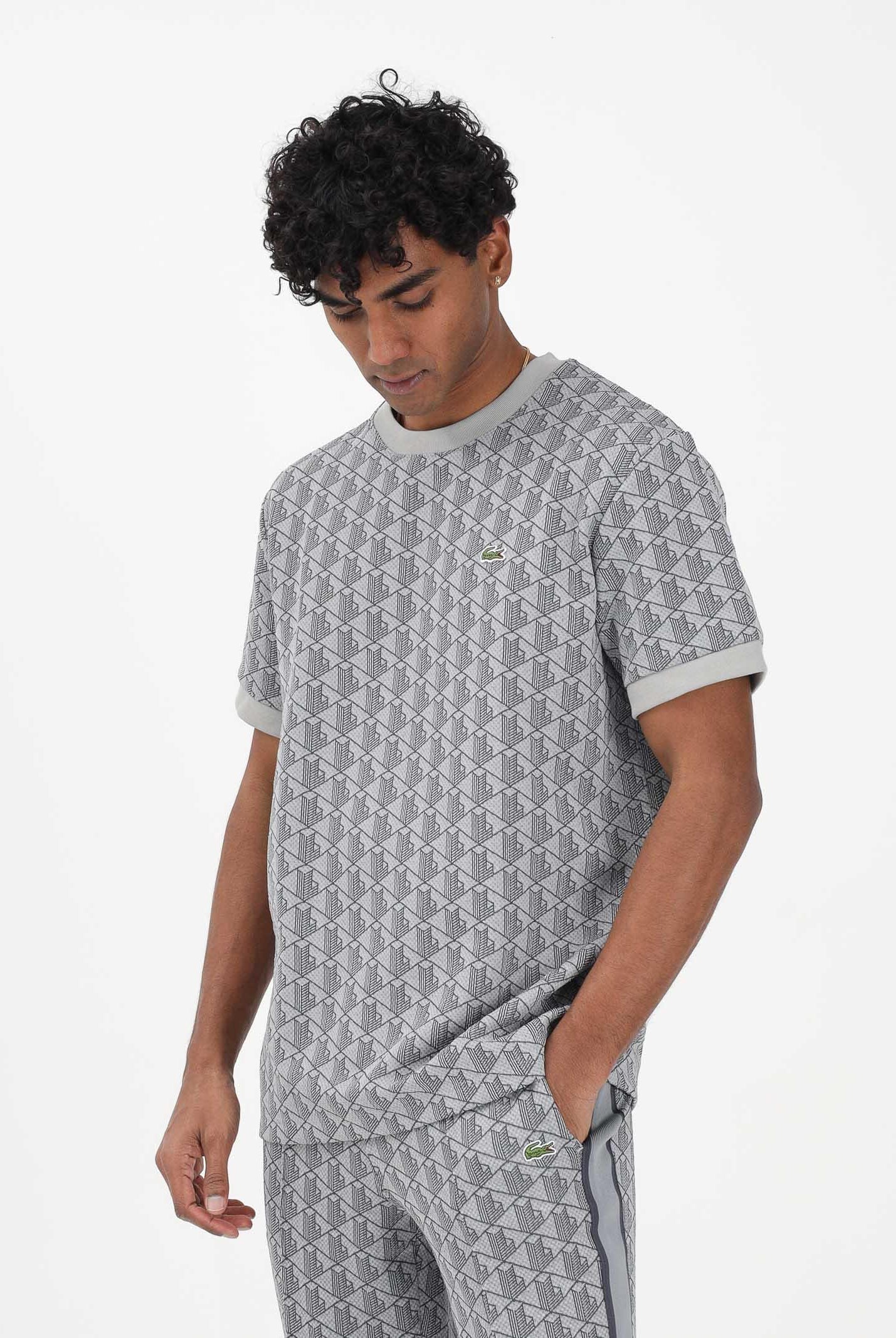 LACOSTE T-shirt a manica corta grigia da uomo con monogramma jacquard TH1197 41I LACOSTE