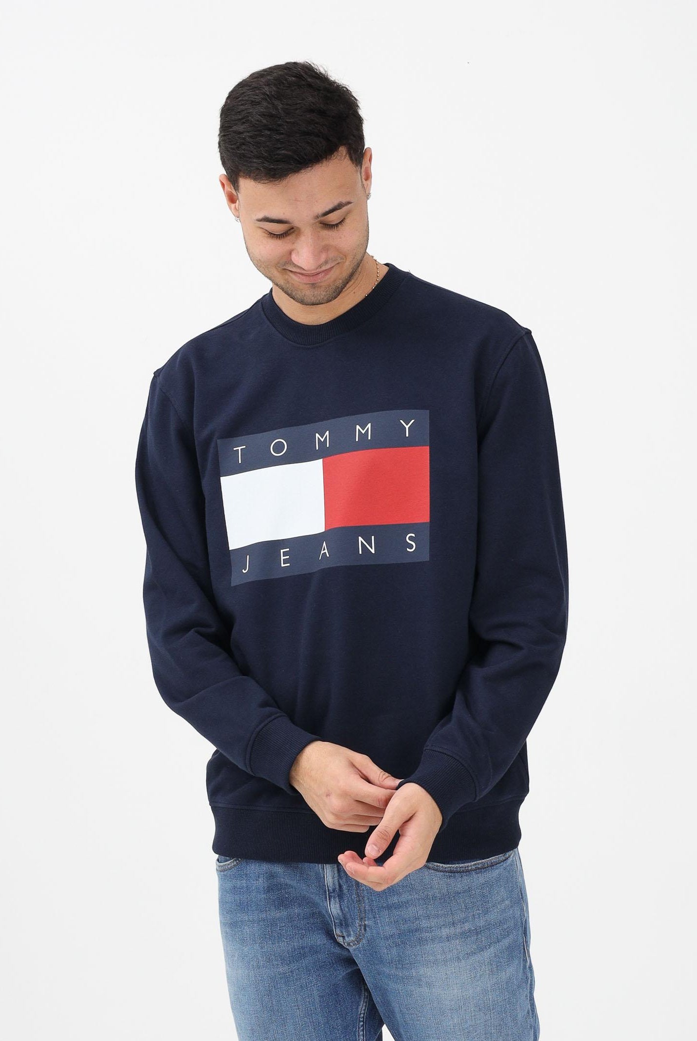 TOMMY JEANS Felpa girocollo blu da uomo con stampa logo DM0DM22643 C1G TOMMY JEANS