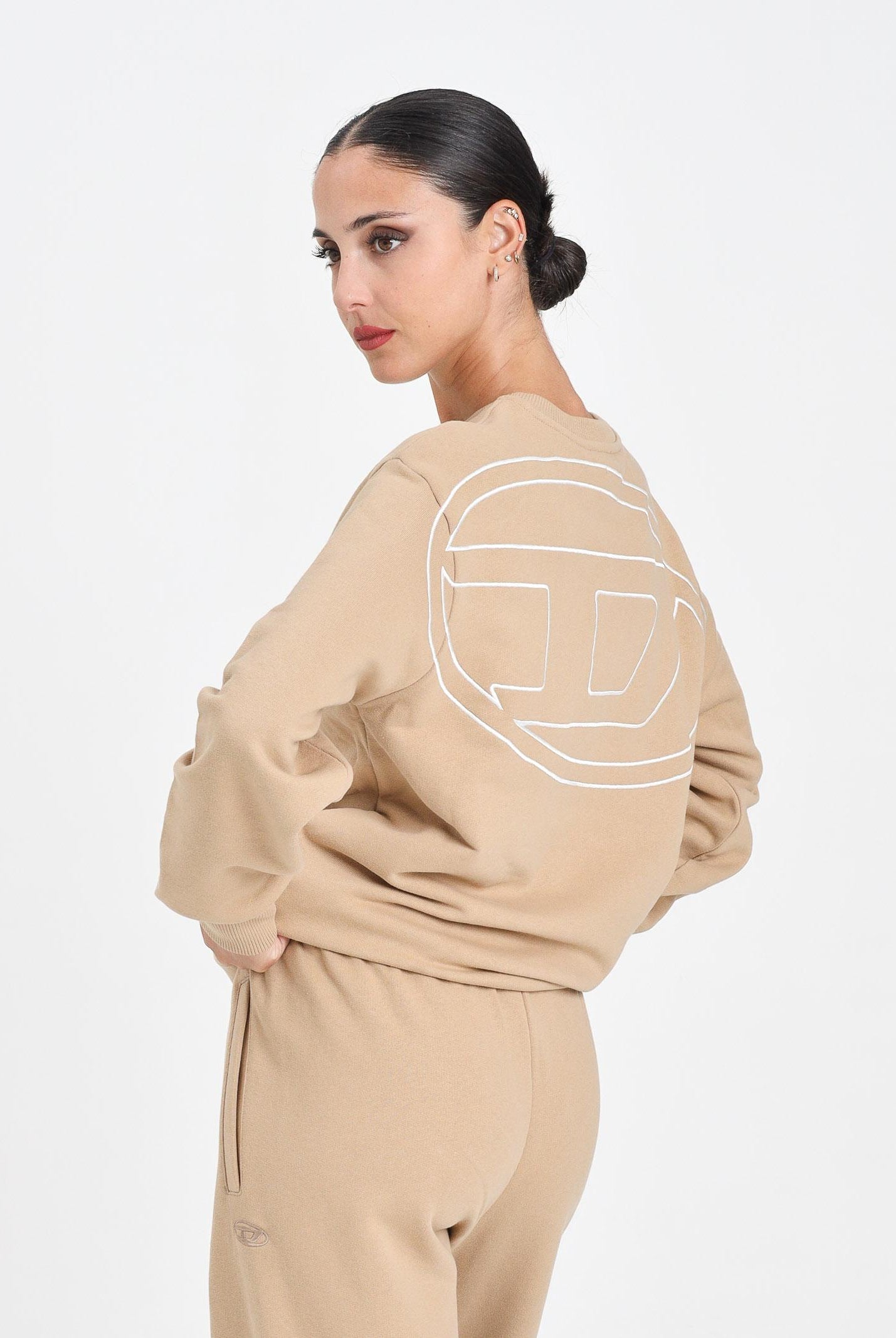 DIESEL Felpa girocollo beige per donna, ragazzi e bambini con maxi ricamo Oval D J022740GYCJ K726 DIESEL