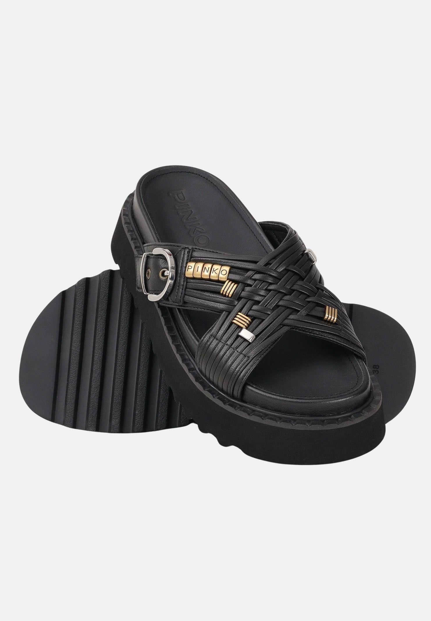 PINKO Ciabatte nere da donna in nappa intrecciata con anelli metallici SD0537P003Z99 Z99 PINKO