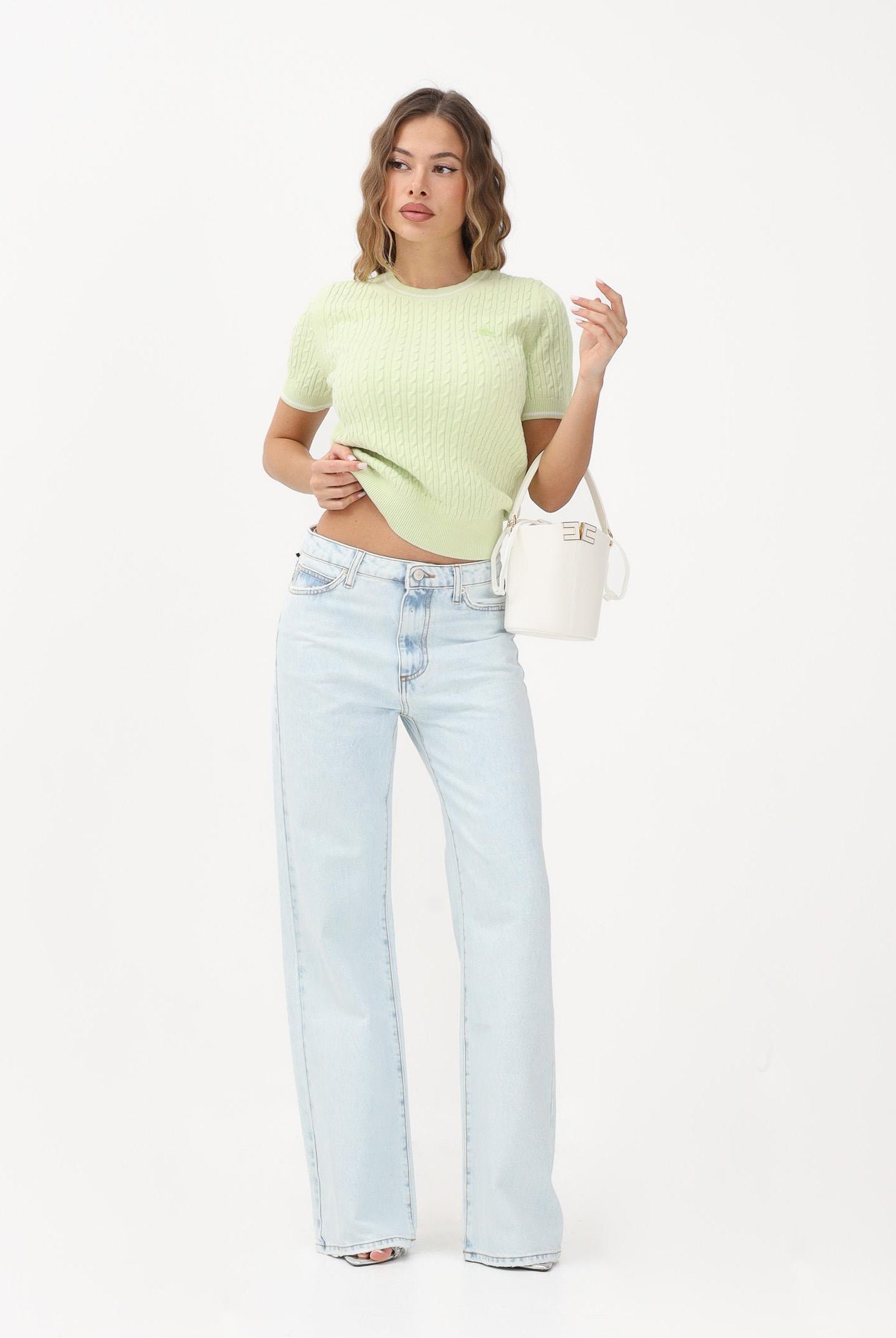 LACOSTE Maglia a manica corta verde da donna in maglia a trecce AF9862 BIC LACOSTE