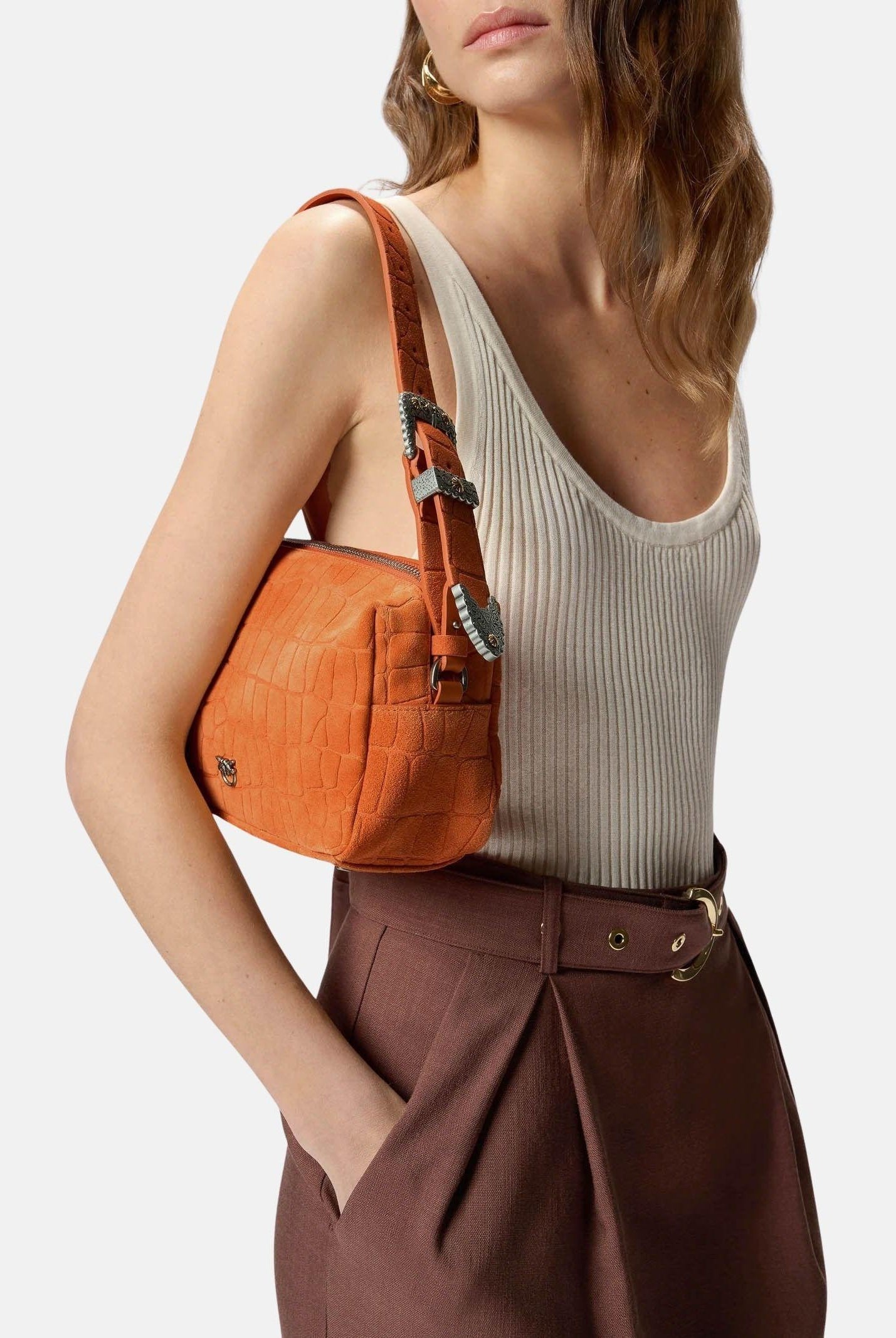PINKO Borsa a spalla arancione da donna in pelle stampa coccodrillo 106761A2YW A76O PINKO