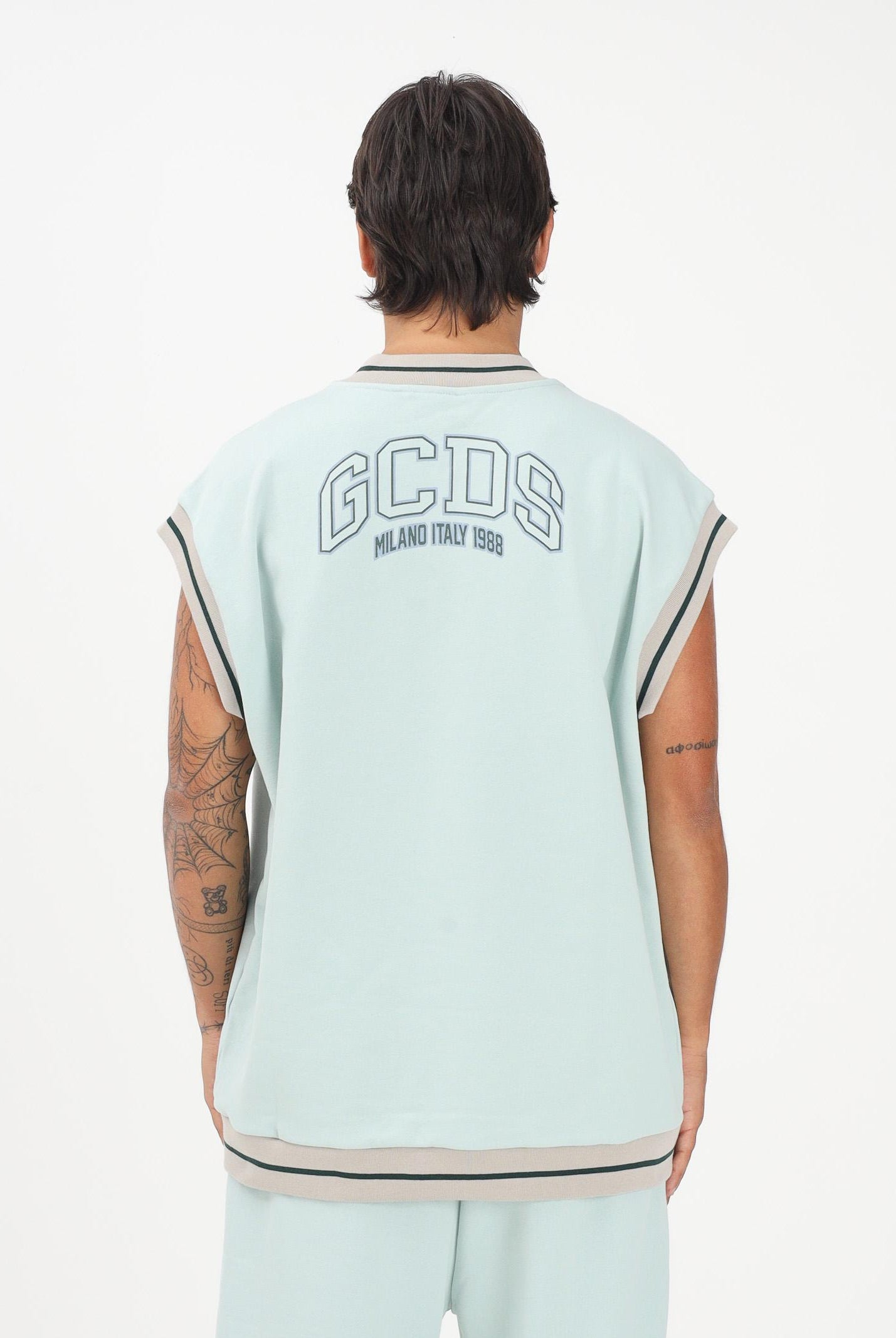 GCDS Felpa gilet verde acqua per uomo e donna con stampa maxi sul retro C1MEQE119F004 818G GCDS