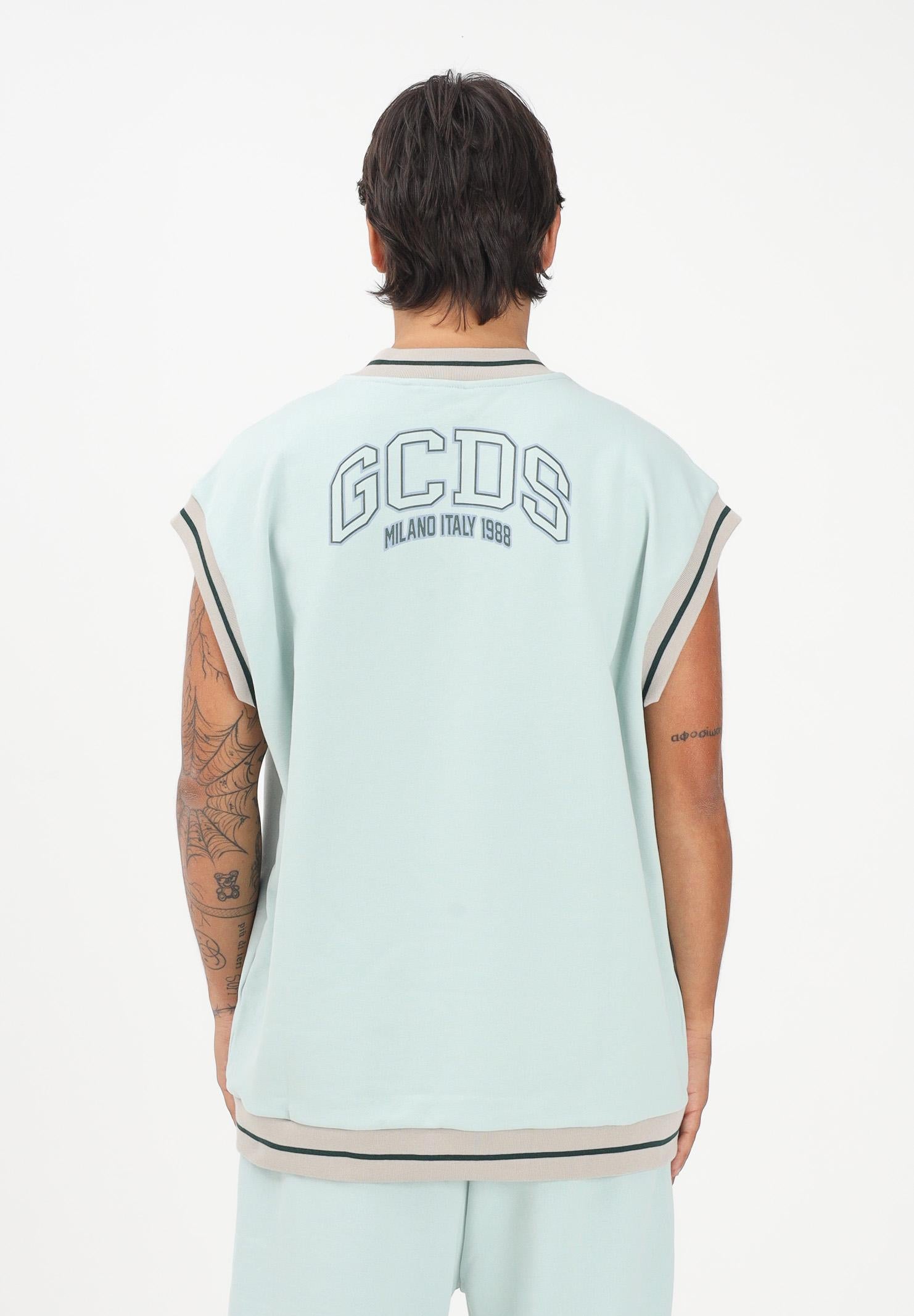 GCDS Felpa gilet verde acqua per uomo e donna con stampa maxi sul retro C1MEQE119F004 818G GCDS