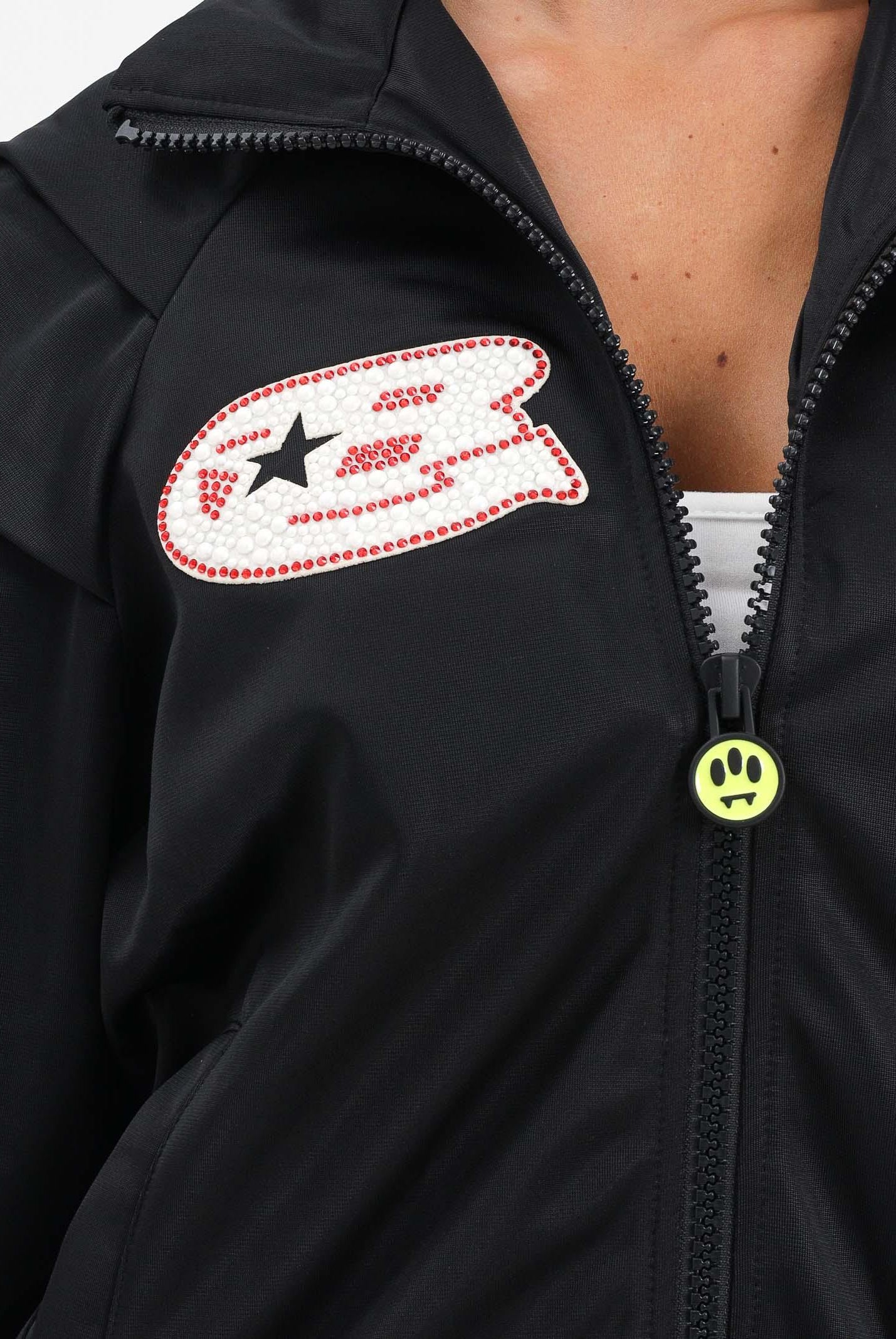 BARROW Giacca a vento nera da donna con stampe e inserti blu e in pizzo rosso F5BWWOJK107 110 BARROW