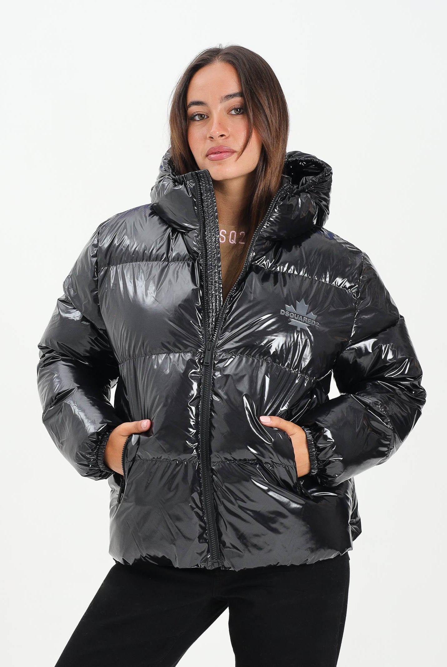 DSQUARED2 Piumino nero per donna, ragazzi e bambini con logo Maple Leaf DQ3042D0ADY DQ900 DSQUARED2
