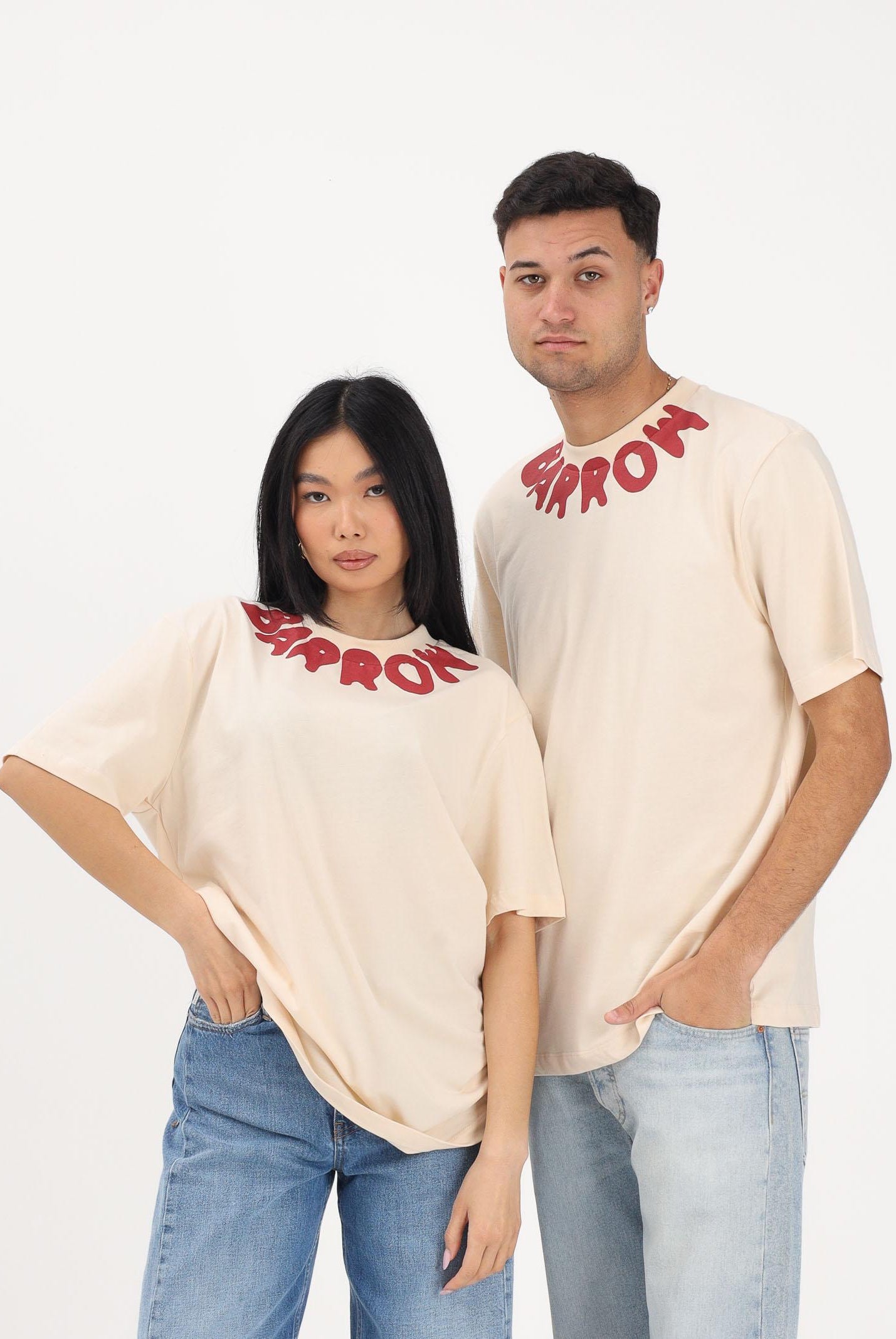BARROW T-shirt a manica corta crema per uomo e donna con girocollo logato S6BWUATH071 013 BARROW