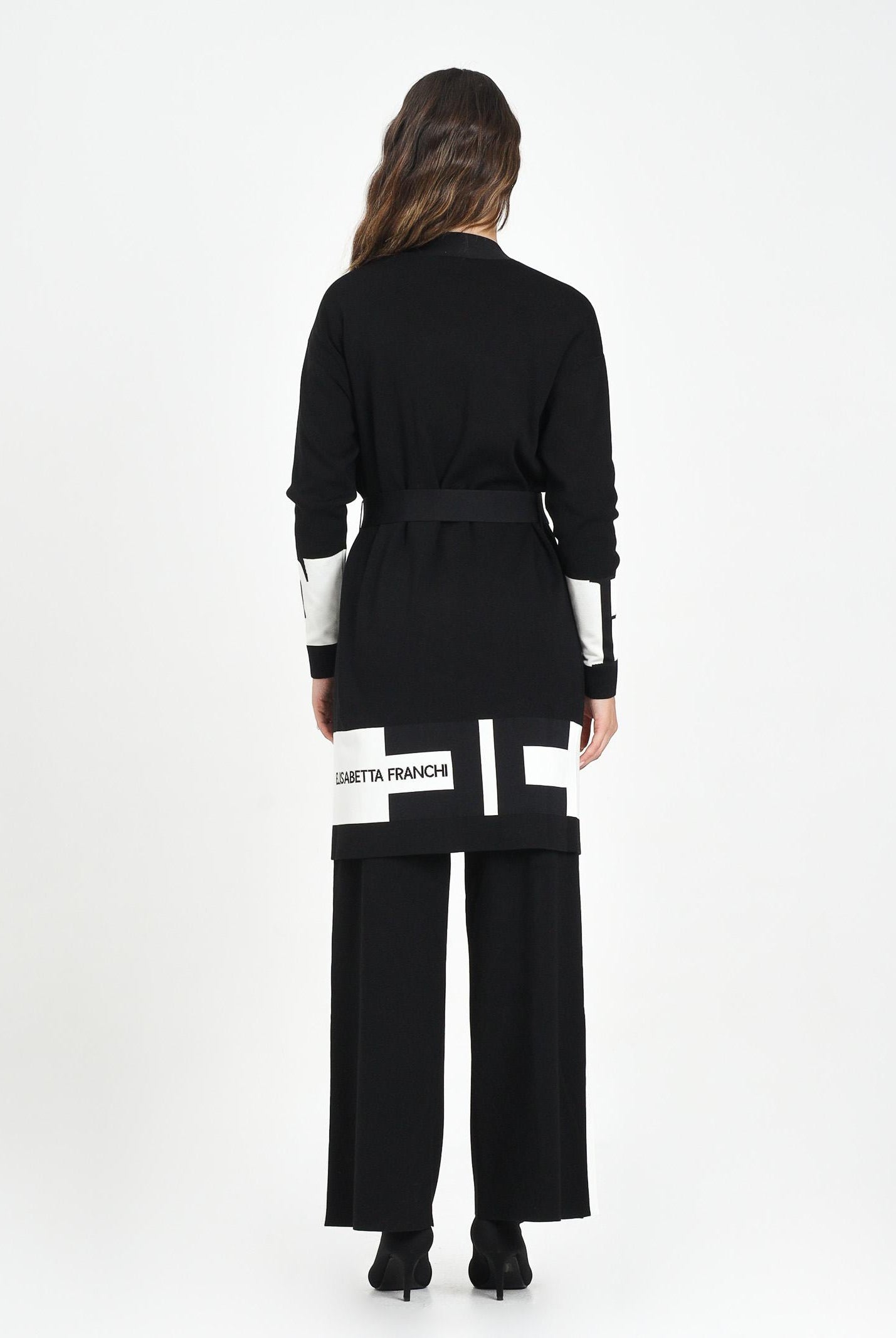 ELISABETTA FRANCHI Cardigan lungo nero da donna con bande lucide MK02S56E2 EF3 ELISABETTA FRANCHI