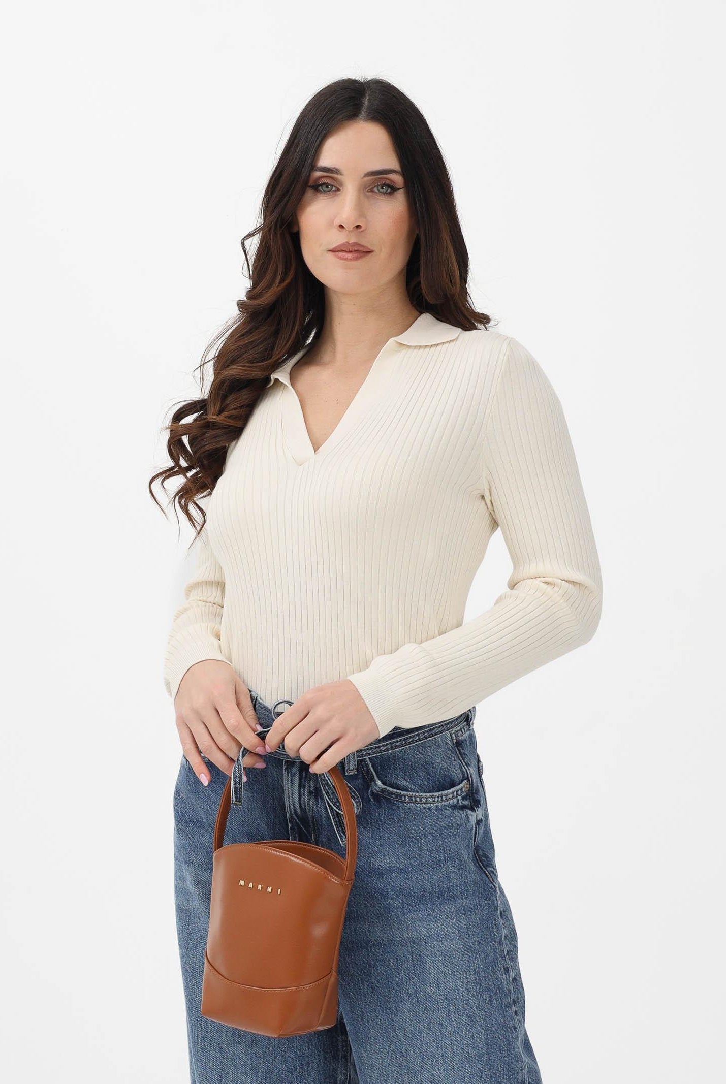 ONLY Maglioncino in tessuto a coste panna da donna stile polo 15344841 BI ONLY