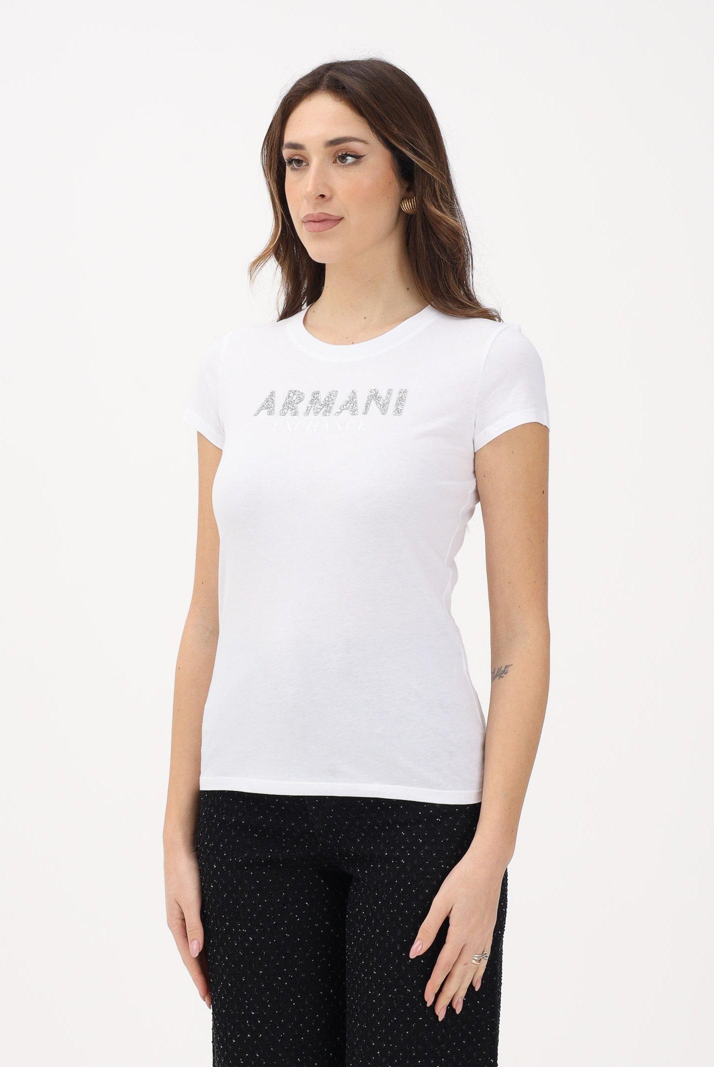 ARMANI EXCHANGE T-shirt a manica corta bianca da donna con logo in strass XW002106AF10356 U0002 ARMANI EXCHANGE